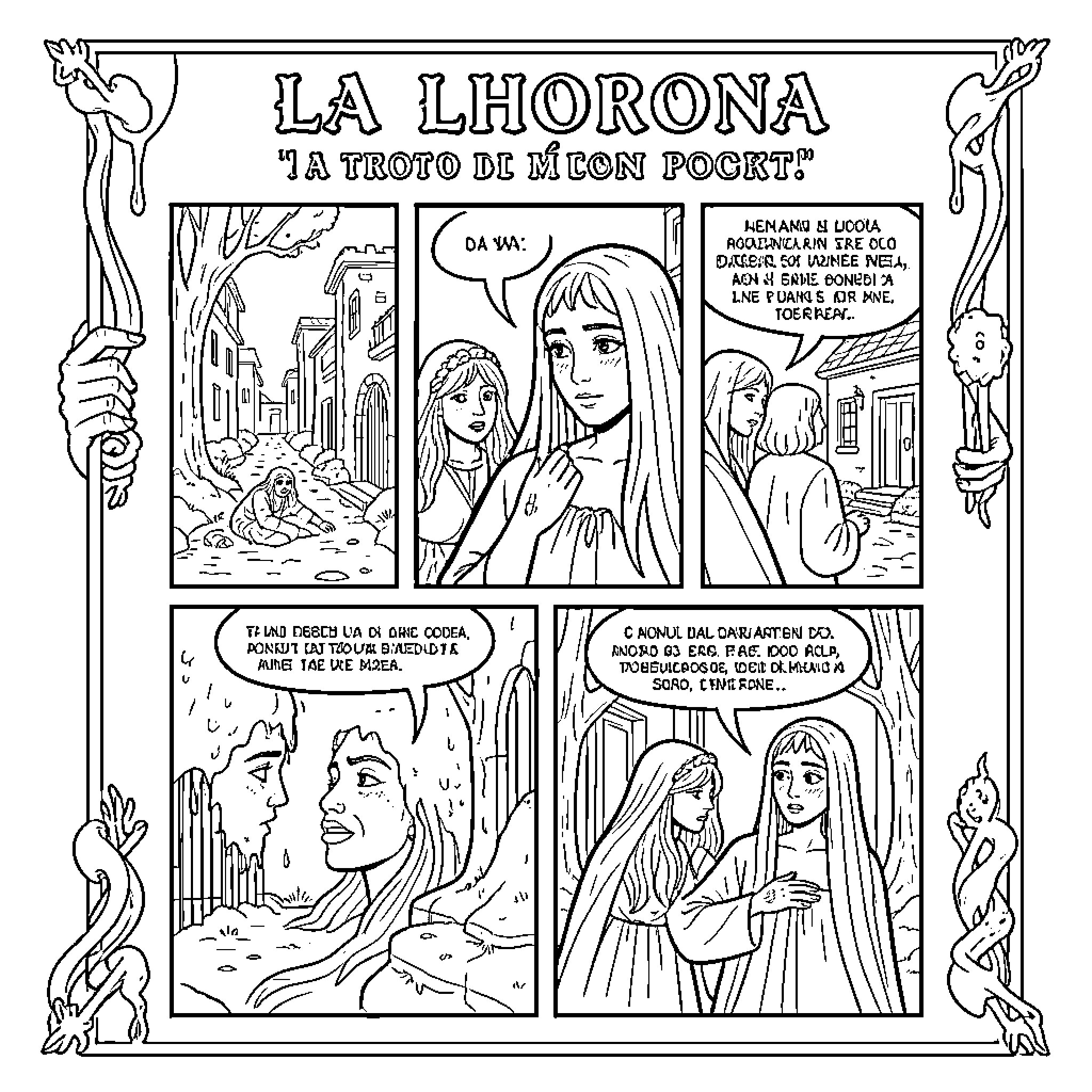 Llorona: A Tragic Story of Motherly Grief Coloring Page (free black-and-white line drawing printable PDF for all, from beginners to advanced learners, including children, teens, adults, and seniors)