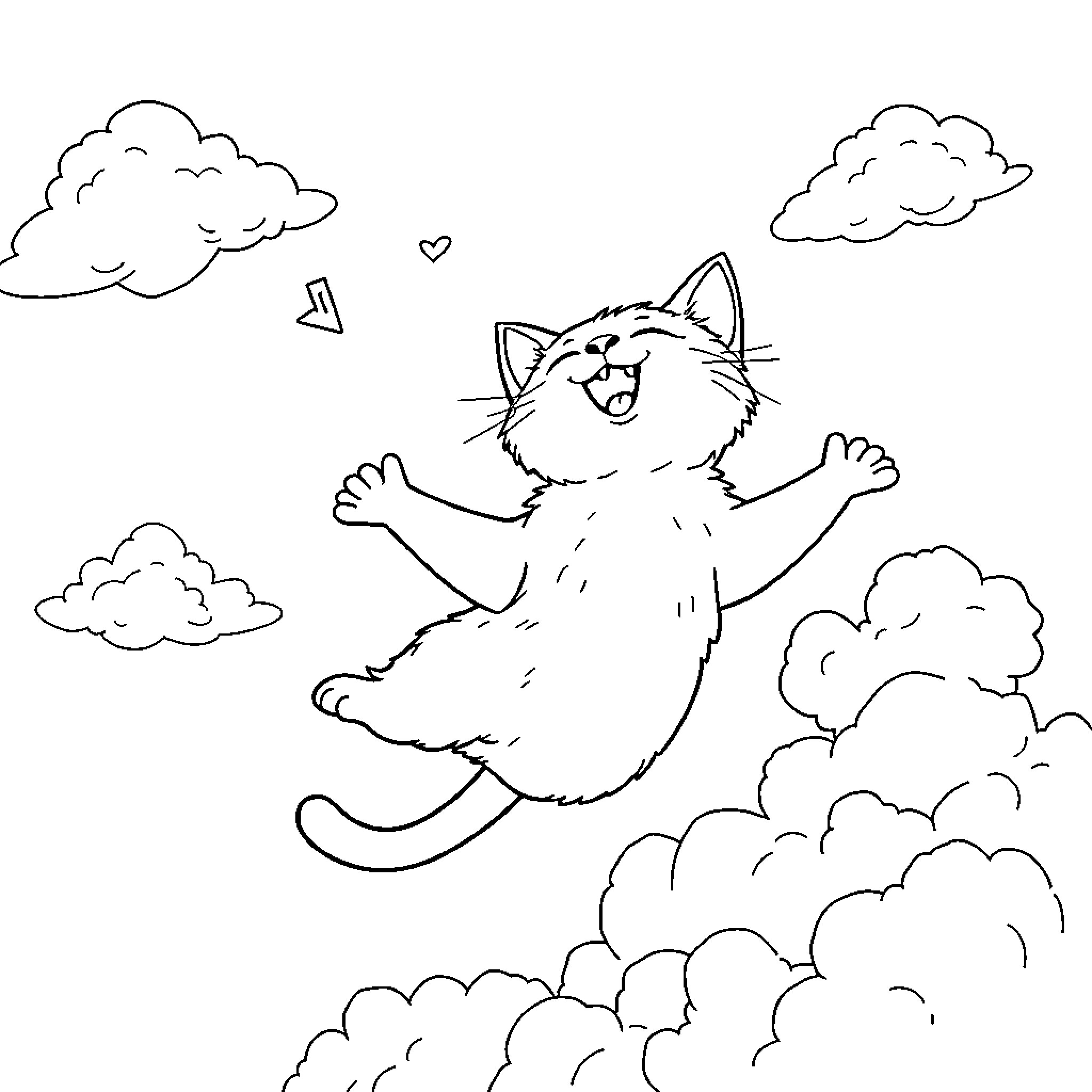 Cat joyfully floating among clouds Coloring Page (free black-and-white line drawing printable PDF for all, from beginners to advanced learners, including children, teens, adults, and seniors)