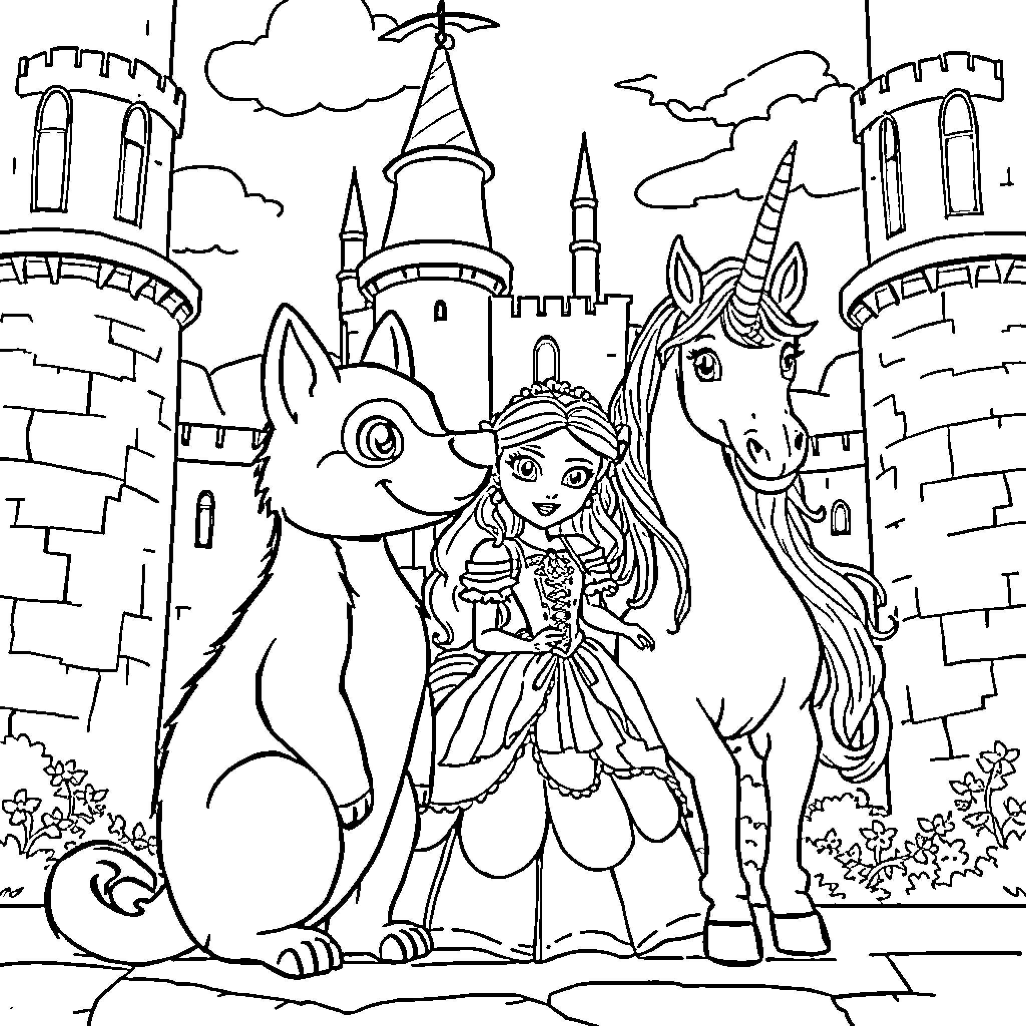 Dog, Unicorn, and Princess at the Castle Coloring Page (free black-and-white line drawing printable PDF for all, from beginners to advanced learners, including children, teens, adults, and seniors)