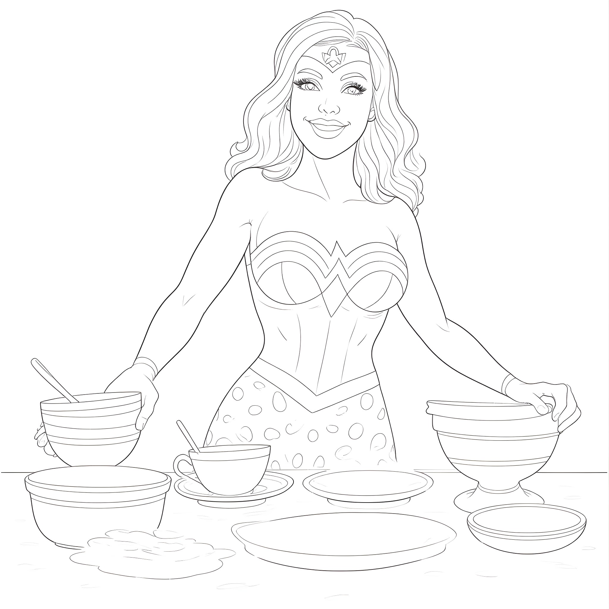 Wonder Woman Preparing a Meal in Her Costume Coloring Page (free black-and-white line drawing printable PDF for all, from beginners to advanced learners, including children, teens, adults, and seniors)