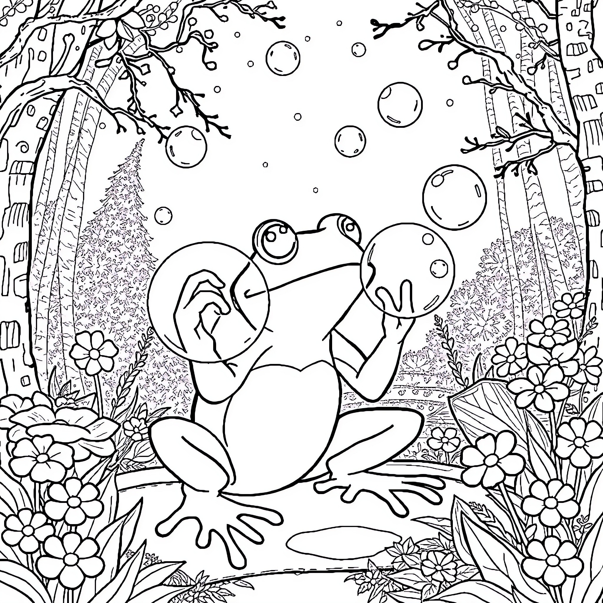Frog playing amidst flowers and bubbles in nature Coloring Page (free black-and-white line drawing printable PDF for all, from beginners to advanced learners, including children, teens, adults, and seniors)