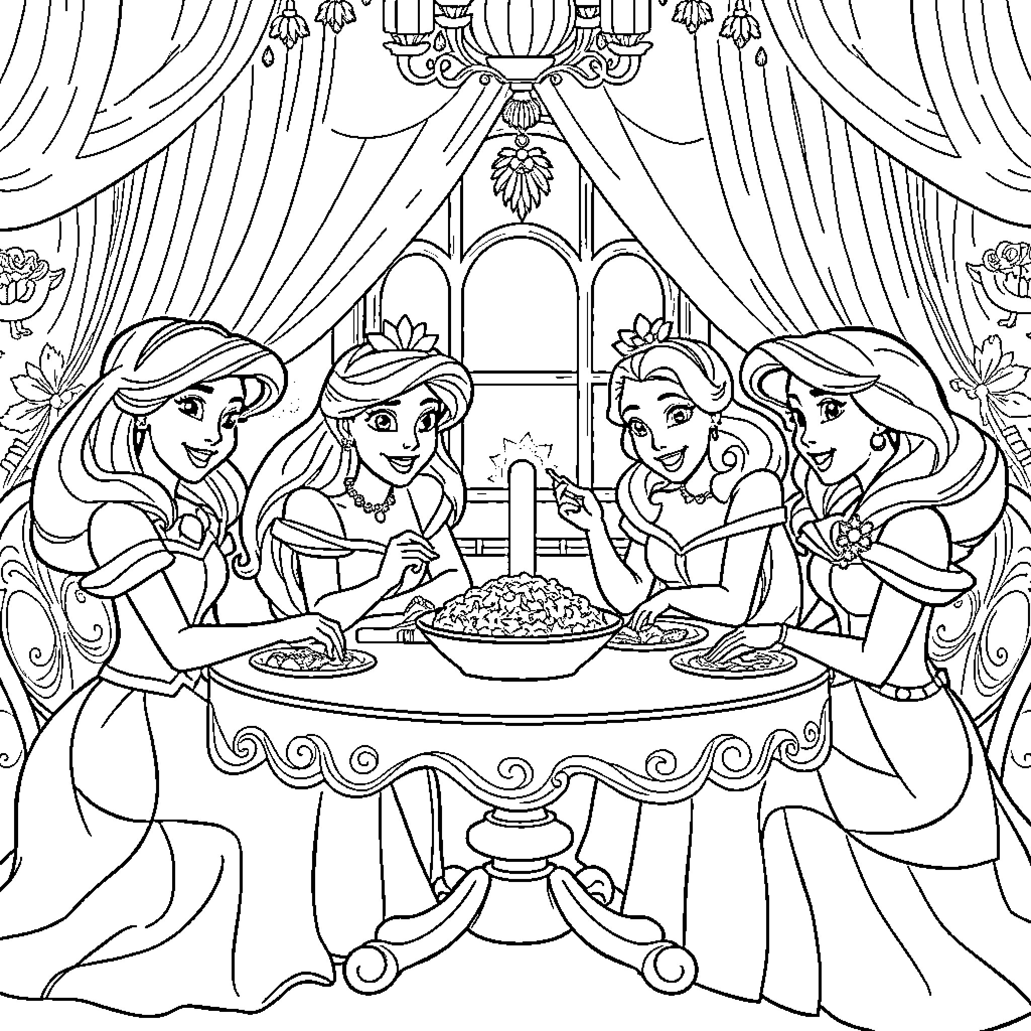 Disney Princesses Dining Together in Elegant Setting Coloring Page (free black-and-white line drawing printable PDF for all, from beginners to advanced learners, including children, teens, adults, and seniors)