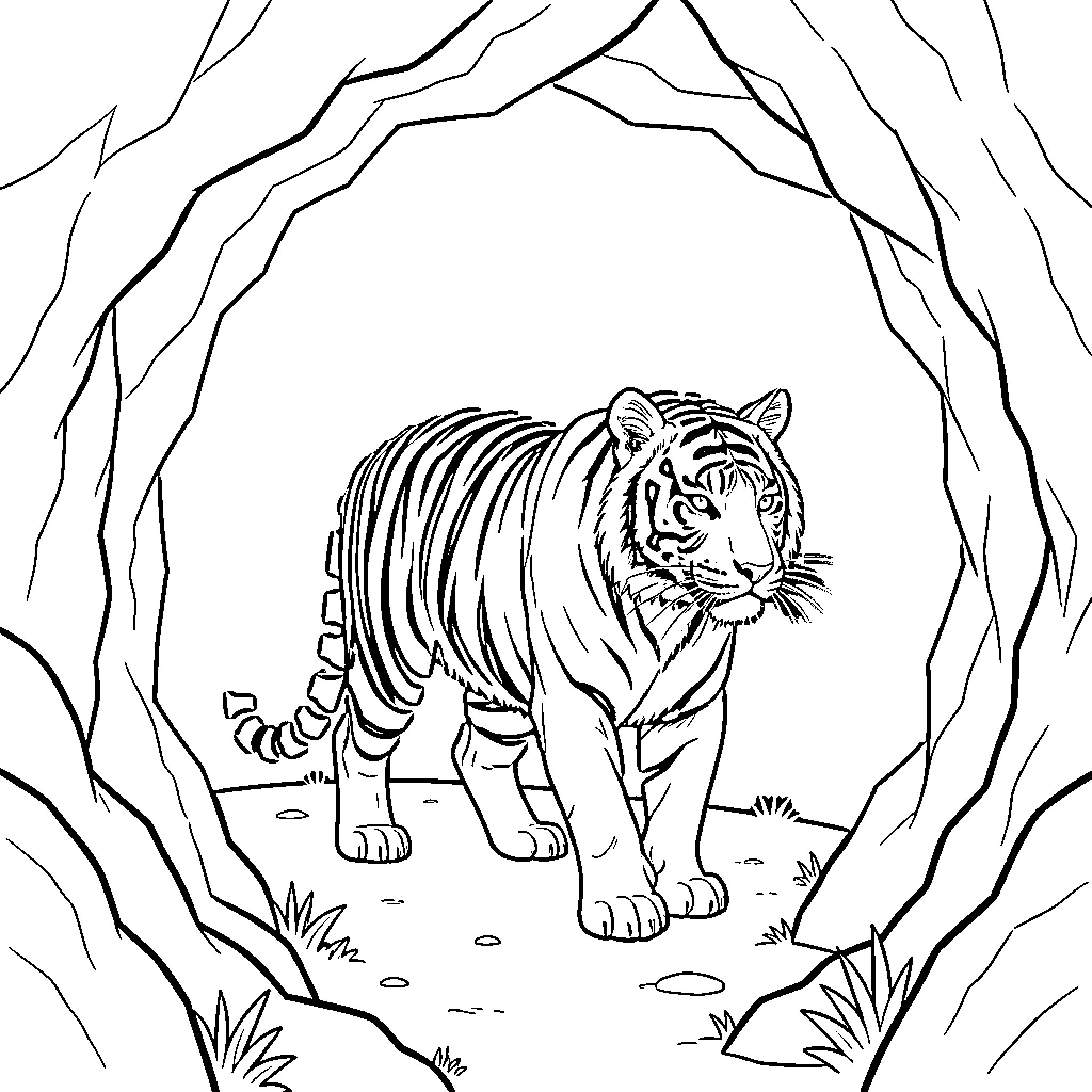 Tiger walking out of a dark cave Coloring Page (free black-and-white line drawing printable PDF for all, from beginners to advanced learners, including children, teens, adults, and seniors)