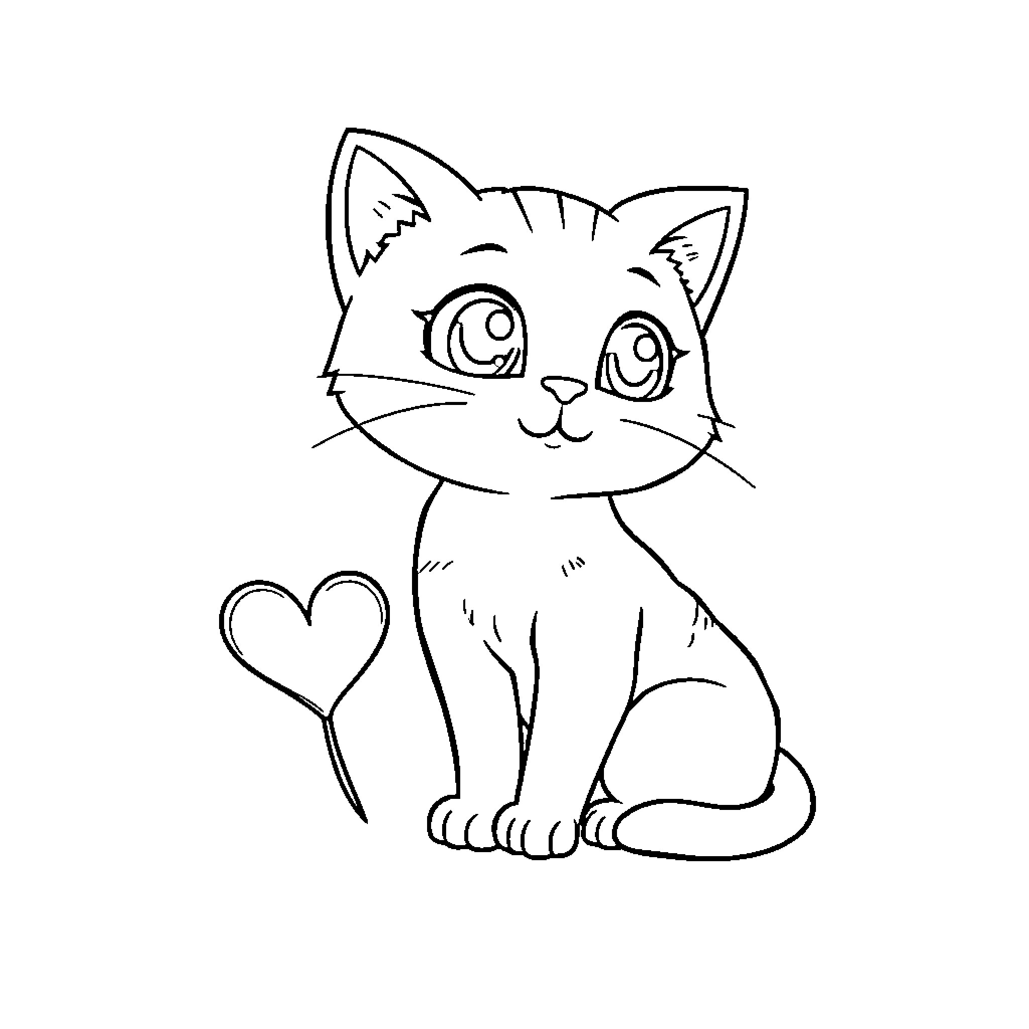 Cat with a heart sitting happily Coloring Page (free black-and-white line drawing printable PDF for all, from beginners to advanced learners, including children, teens, adults, and seniors)