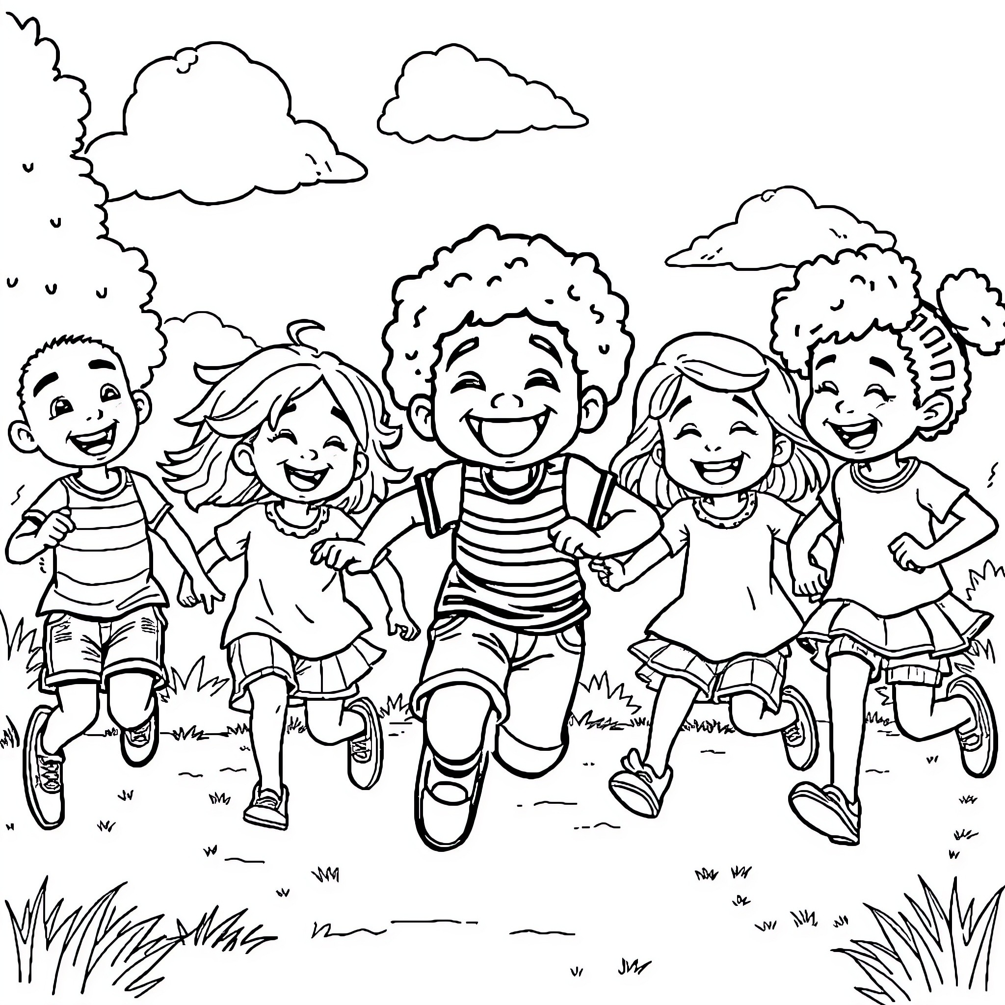 Kid friends playing outdoors joyfully Coloring Page (free black-and-white line drawing printable PDF for all, from beginners to advanced learners, including children, teens, adults, and seniors)