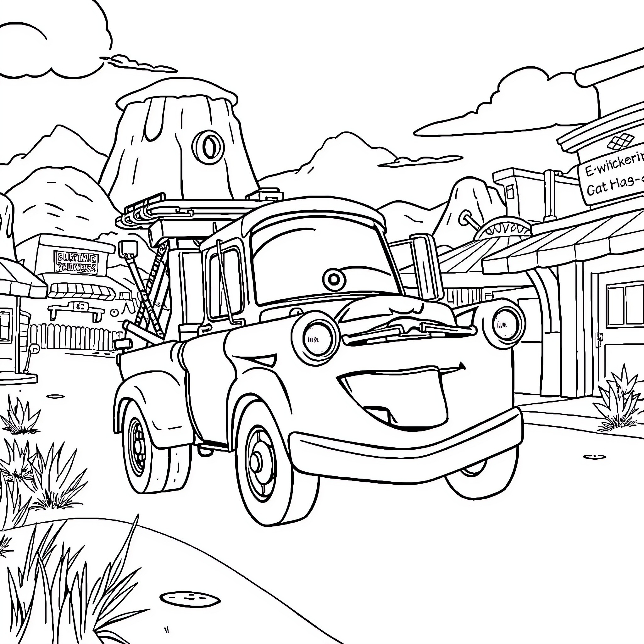 Tow Mater in an adventurous mountain landscape Coloring Page (free black-and-white line drawing printable PDF for all, from beginners to advanced learners, including children, teens, adults, and seniors)