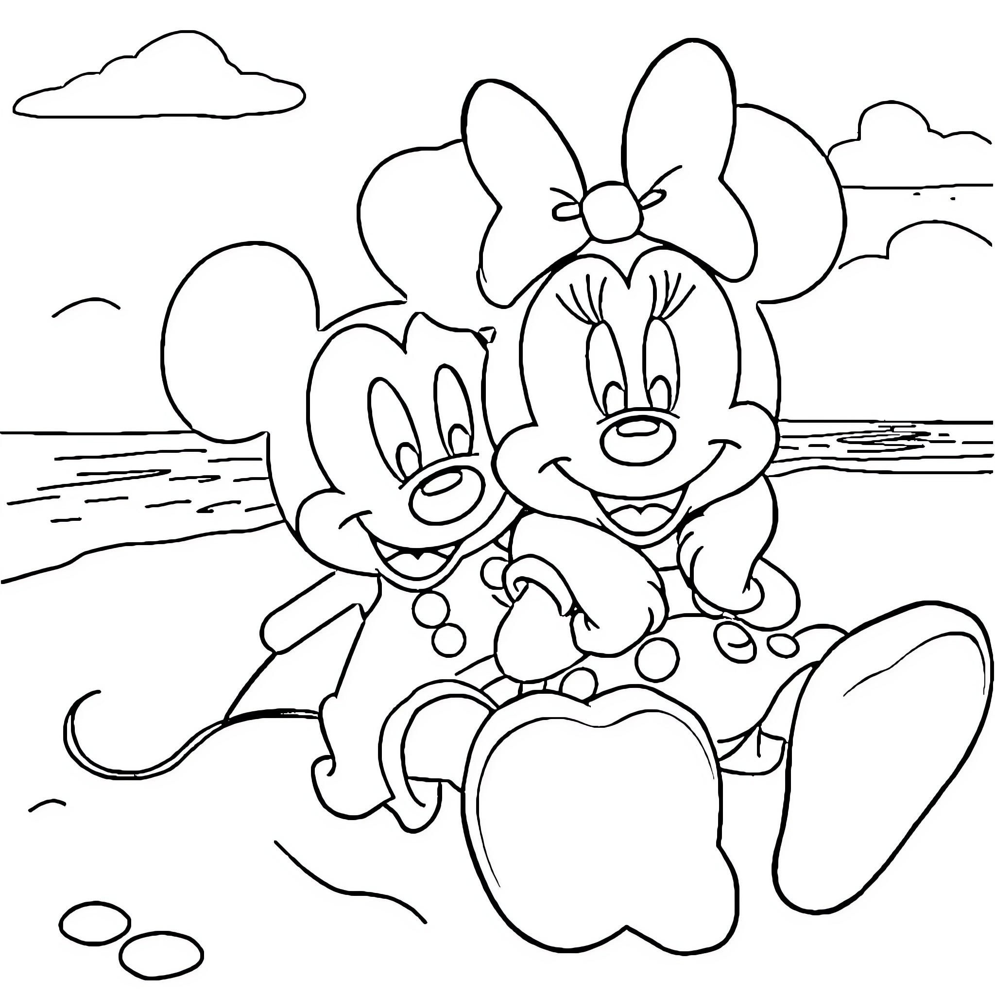Mickey and Minnie Playing by the Beach Coloring Page (free black-and-white line drawing printable PDF for all, from beginners to advanced learners, including children, teens, adults, and seniors)