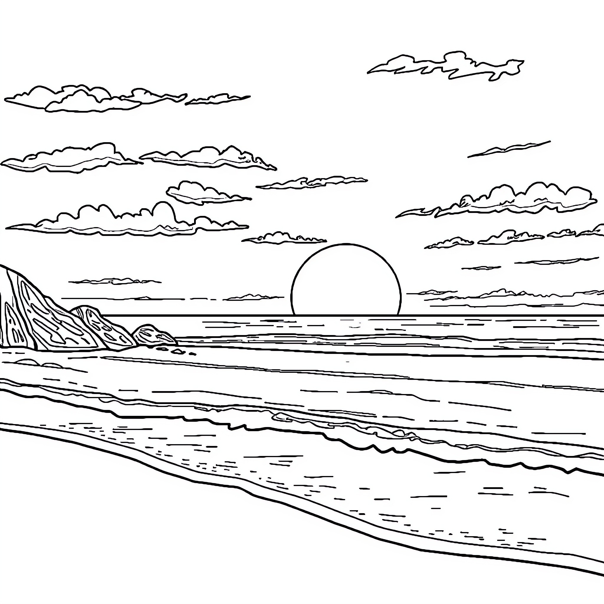 Sunset scenic landscape with serene ocean view Coloring Page (free black-and-white line drawing printable PDF for all, from beginners to advanced learners, including children, teens, adults, and seniors)