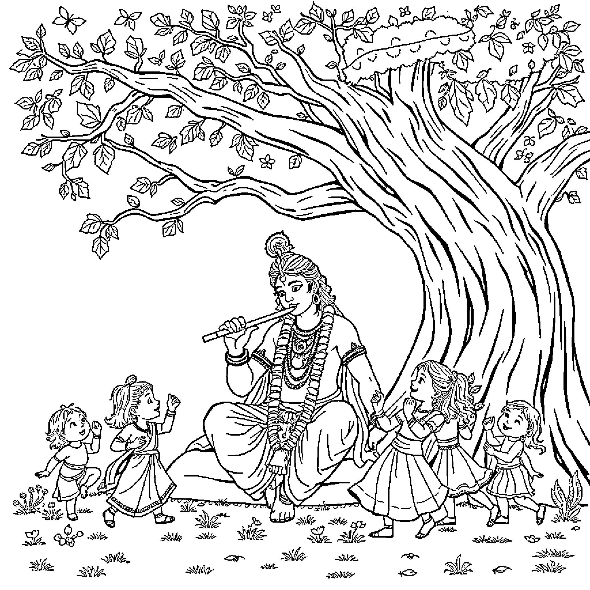 Krishna teaching and playing with children in nature Coloring Page (free black-and-white line drawing printable PDF for all, from beginners to advanced learners, including children, teens, adults, and seniors)