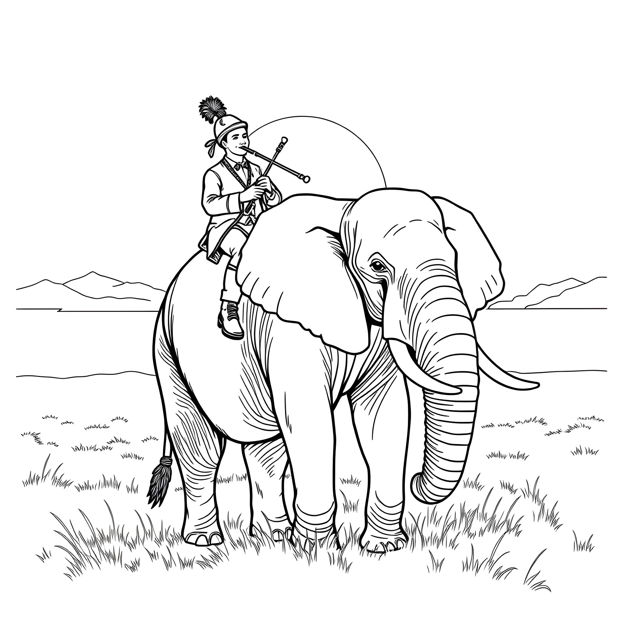 Bagpiper playing music on an elephant in the wilderness Coloring Page (free black-and-white line drawing printable PDF for all, from beginners to advanced learners, including children, teens, adults, and seniors)