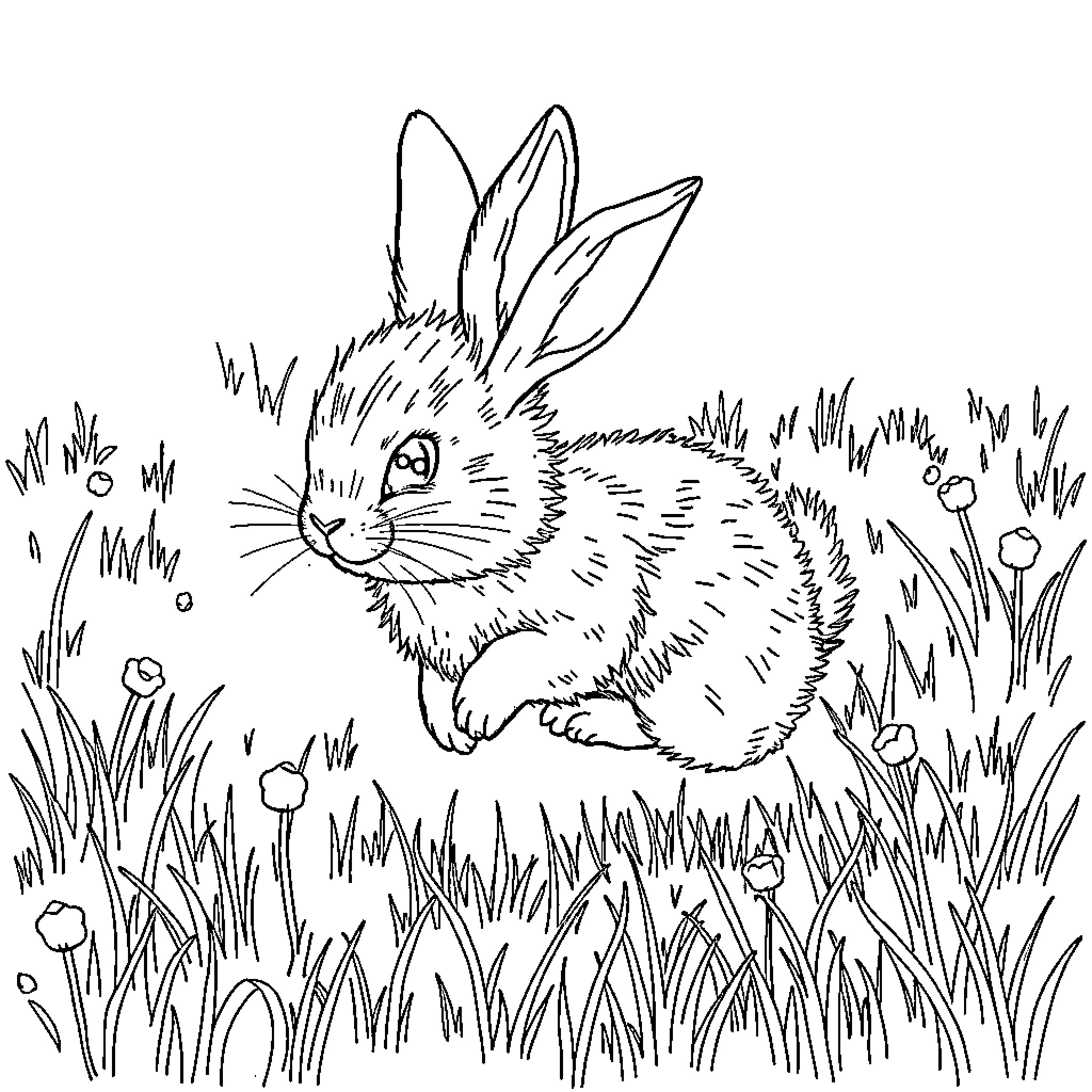 Bunny frolicking in the grassy meadow Coloring Page (free black-and-white line drawing printable PDF for all, from beginners to advanced learners, including children, teens, adults, and seniors)