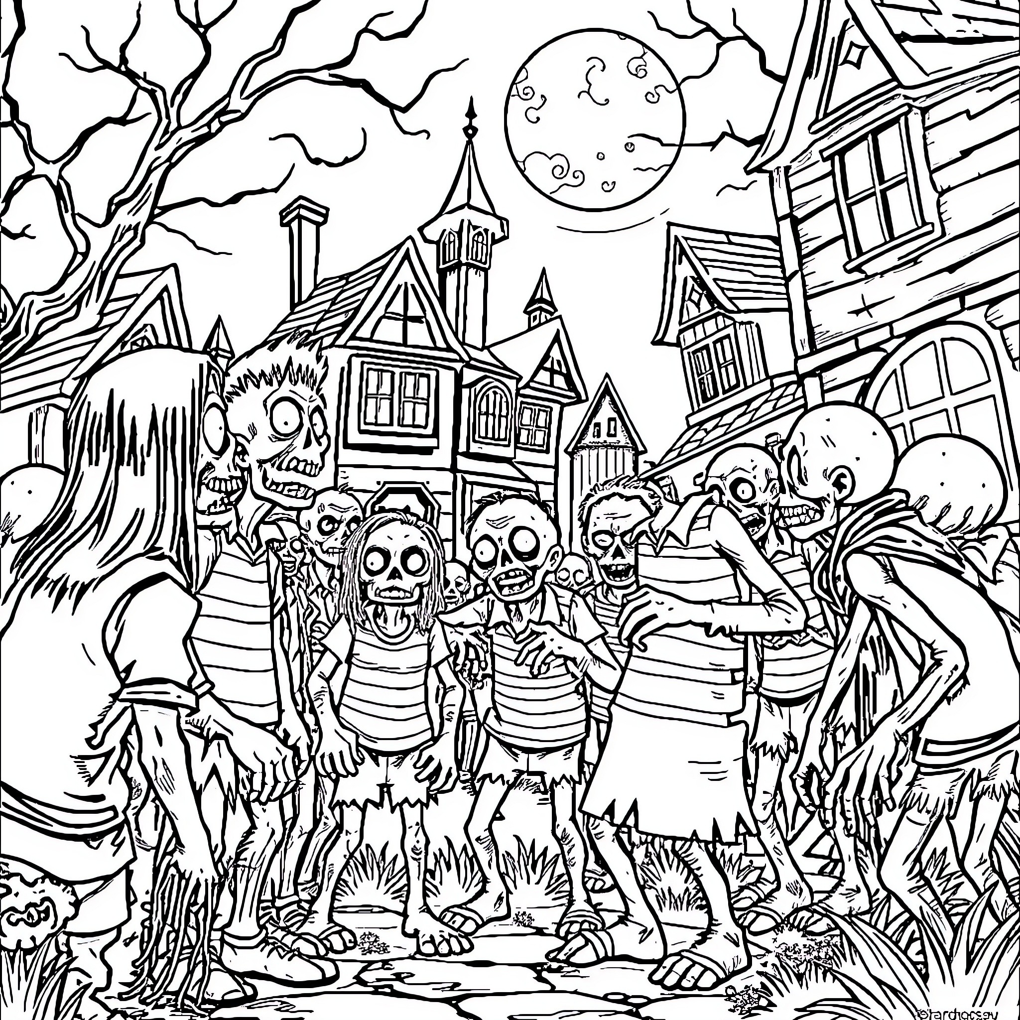 Paranorman: Supernatural Spooky Townscape with Undead Creatures Coloring Page (free black-and-white line drawing printable PDF for all, from beginners to advanced learners, including children, teens, adults, and seniors)