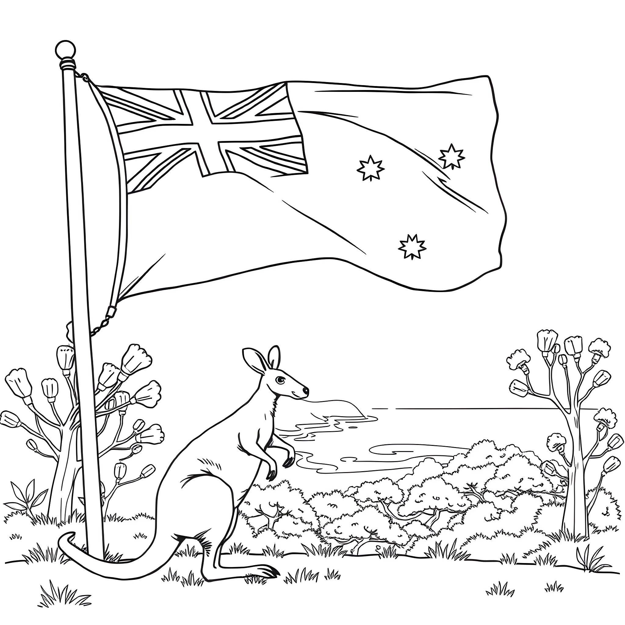 Kangaroo standing near Australian flag in nature Coloring Page (free black-and-white line drawing printable PDF for all, from beginners to advanced learners, including children, teens, adults, and seniors)