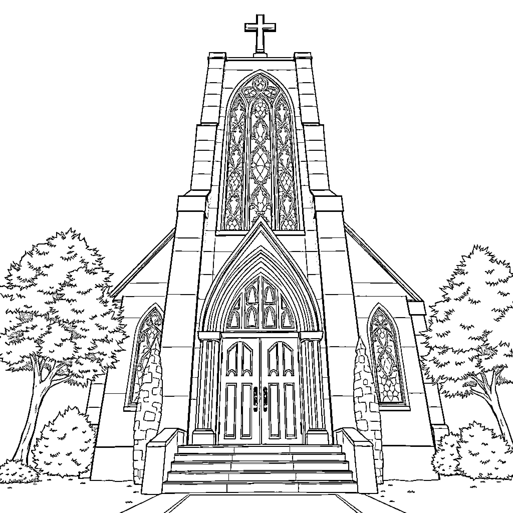 Church with Gothic Architecture and Stained Glass Windows Coloring Page (free black-and-white line drawing printable PDF for all, from beginners to advanced learners, including children, teens, adults, and seniors)