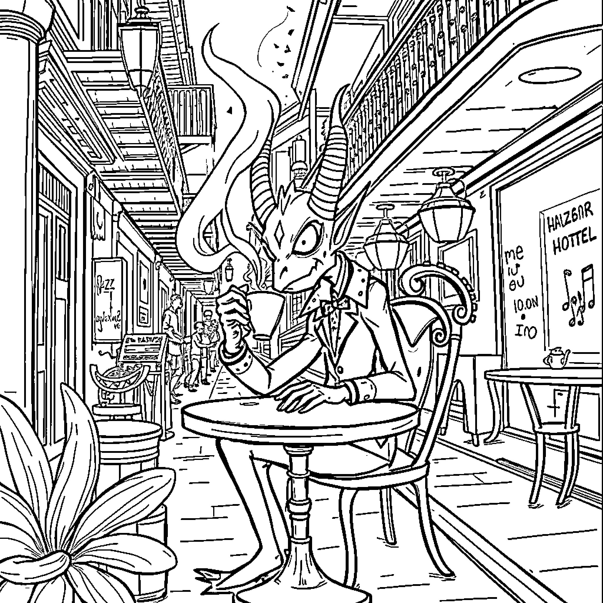 Alastor Relaxing in Café with Demonic Flair Coloring Page (free black-and-white line drawing printable PDF for all, from beginners to advanced learners, including children, teens, adults, and seniors)
