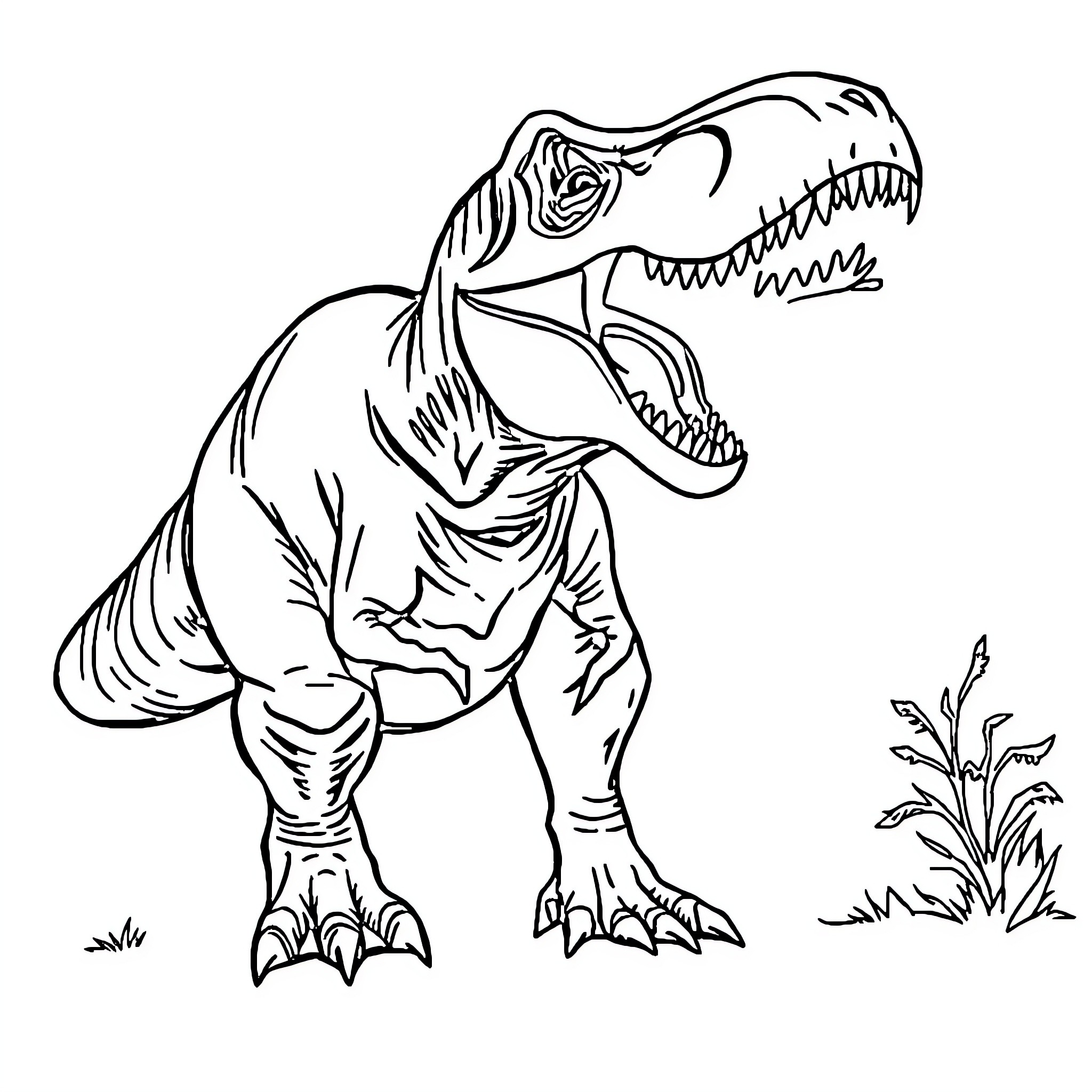 T-Rex roaring in the wild Coloring Page (free black-and-white line drawing printable PDF for all, from beginners to advanced learners, including children, teens, adults, and seniors)