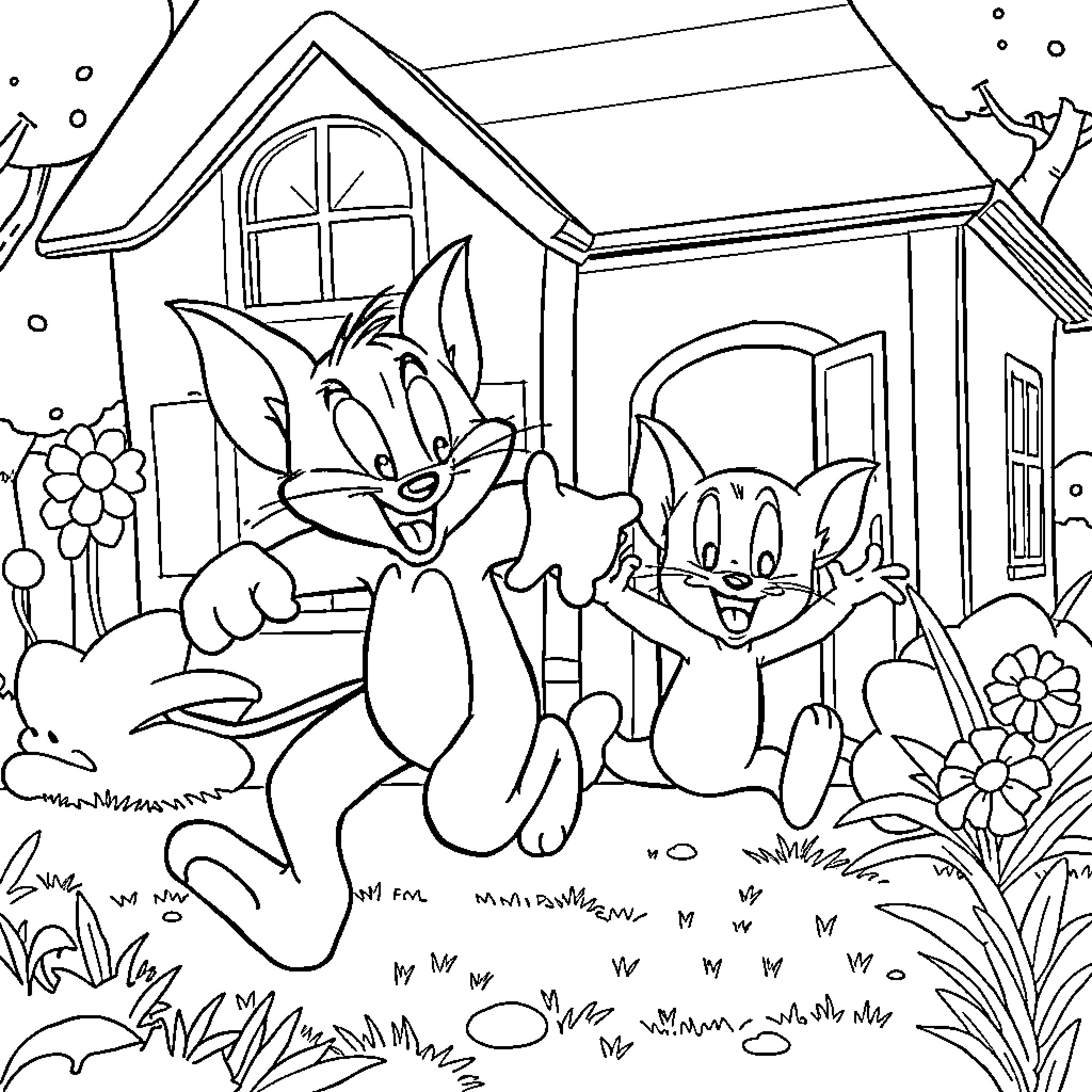 Tom and Jerry playing outside their house Coloring Page (free black-and-white line drawing printable PDF for all, from beginners to advanced learners, including children, teens, adults, and seniors)
