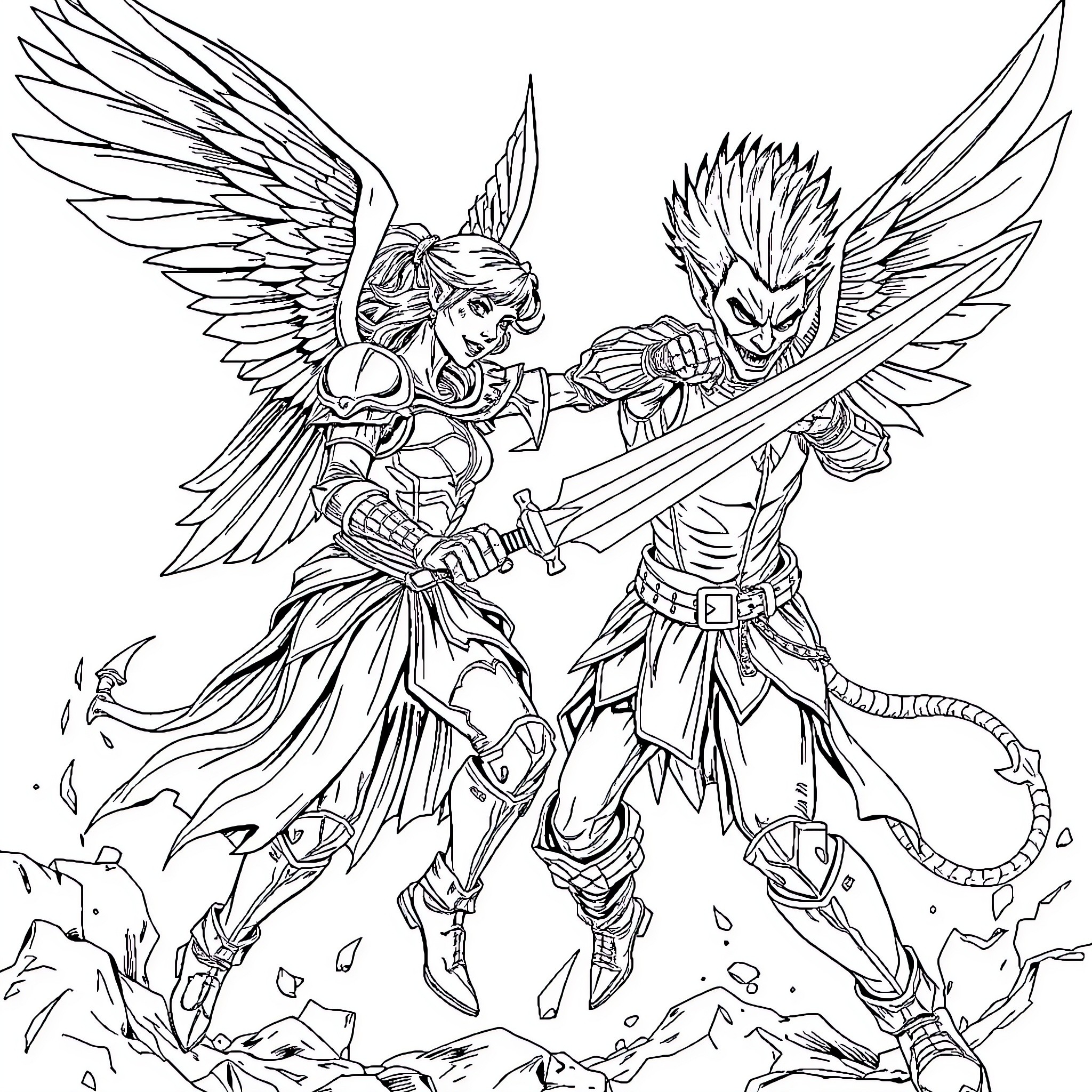 Angel Warrior Clash in Epic Battle Coloring Page (free black-and-white line drawing printable PDF for all, from beginners to advanced learners, including children, teens, adults, and seniors)