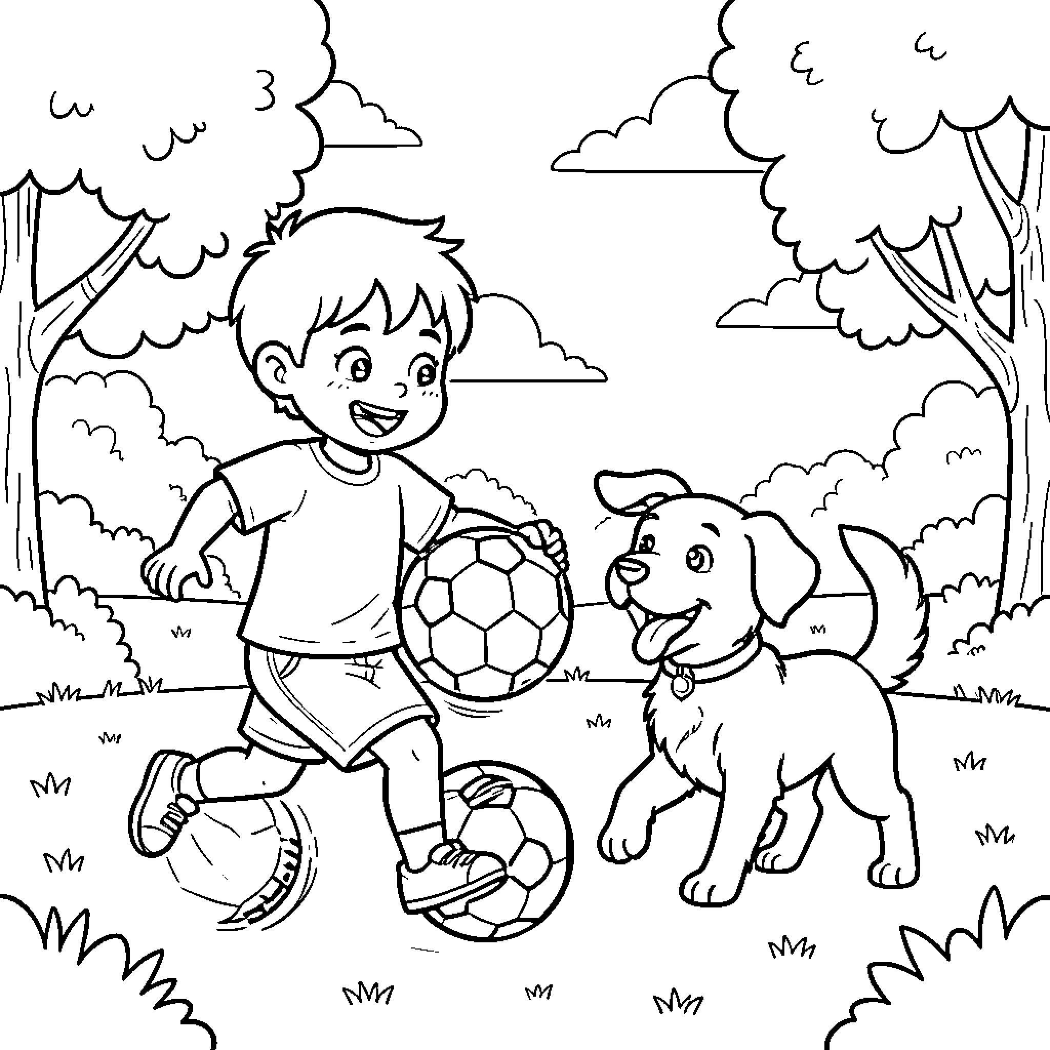 Child playing soccer with happy dog Coloring Page (free black-and-white line drawing printable PDF for all, from beginners to advanced learners, including children, teens, adults, and seniors)