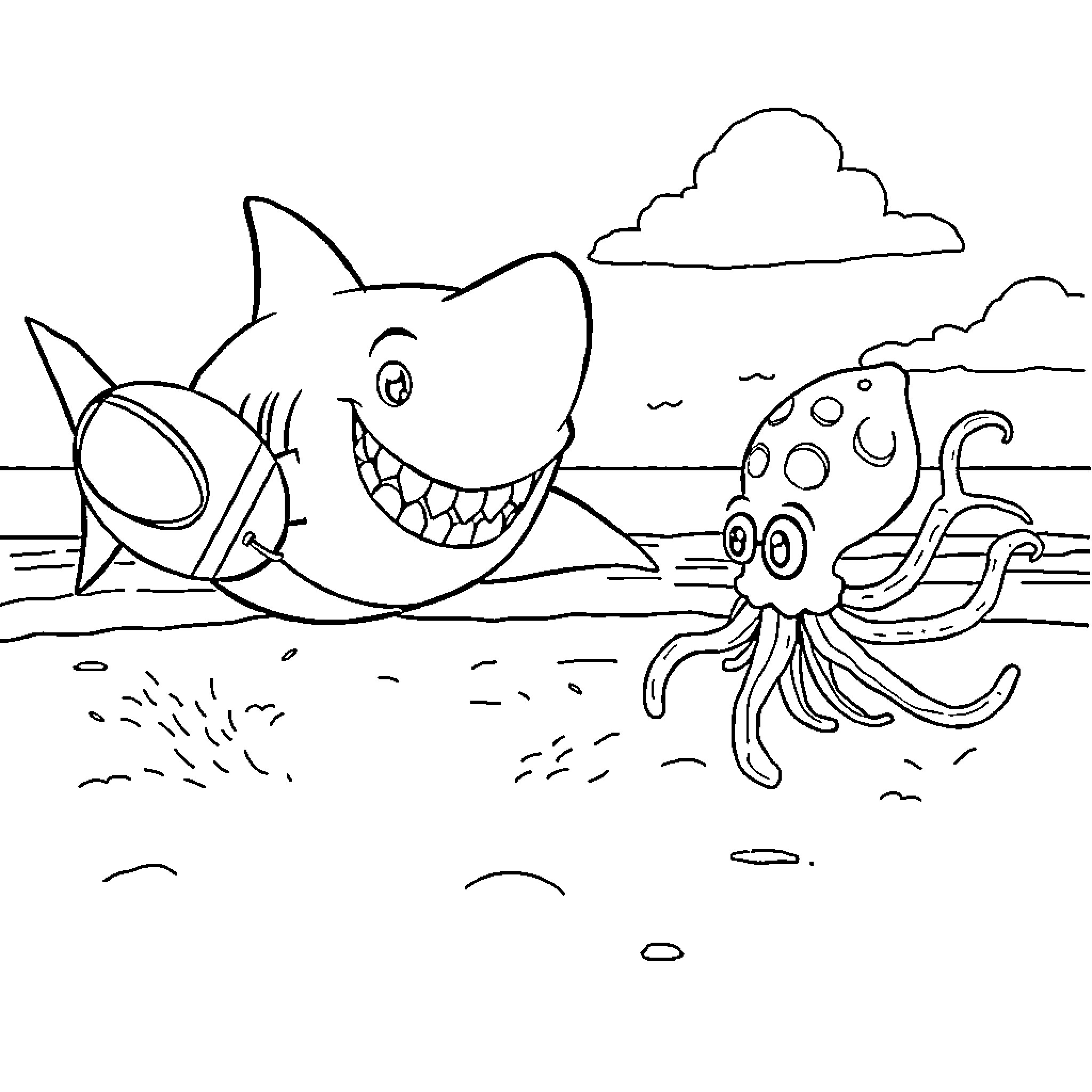 Shark chasing playfully with octopus underwater Coloring Page (free black-and-white line drawing printable PDF for all, from beginners to advanced learners, including children, teens, adults, and seniors)
