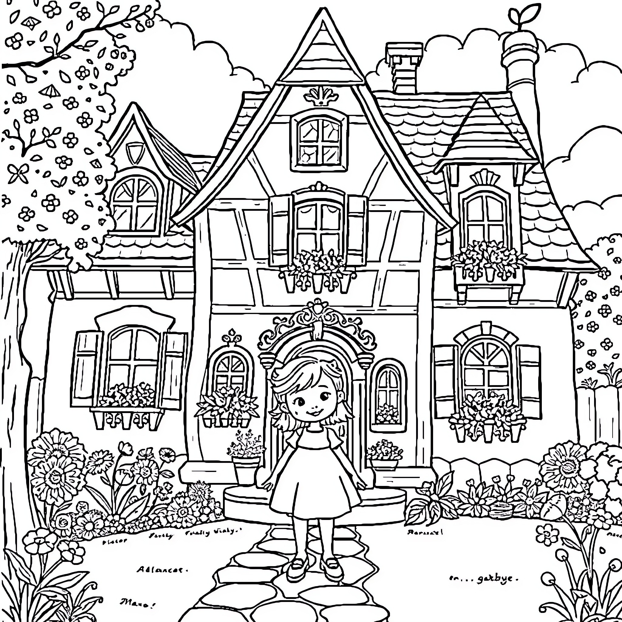 Gabby exploring the whimsical fairy tale cottage Coloring Page (free black-and-white line drawing printable PDF for all, from beginners to advanced learners, including children, teens, adults, and seniors)