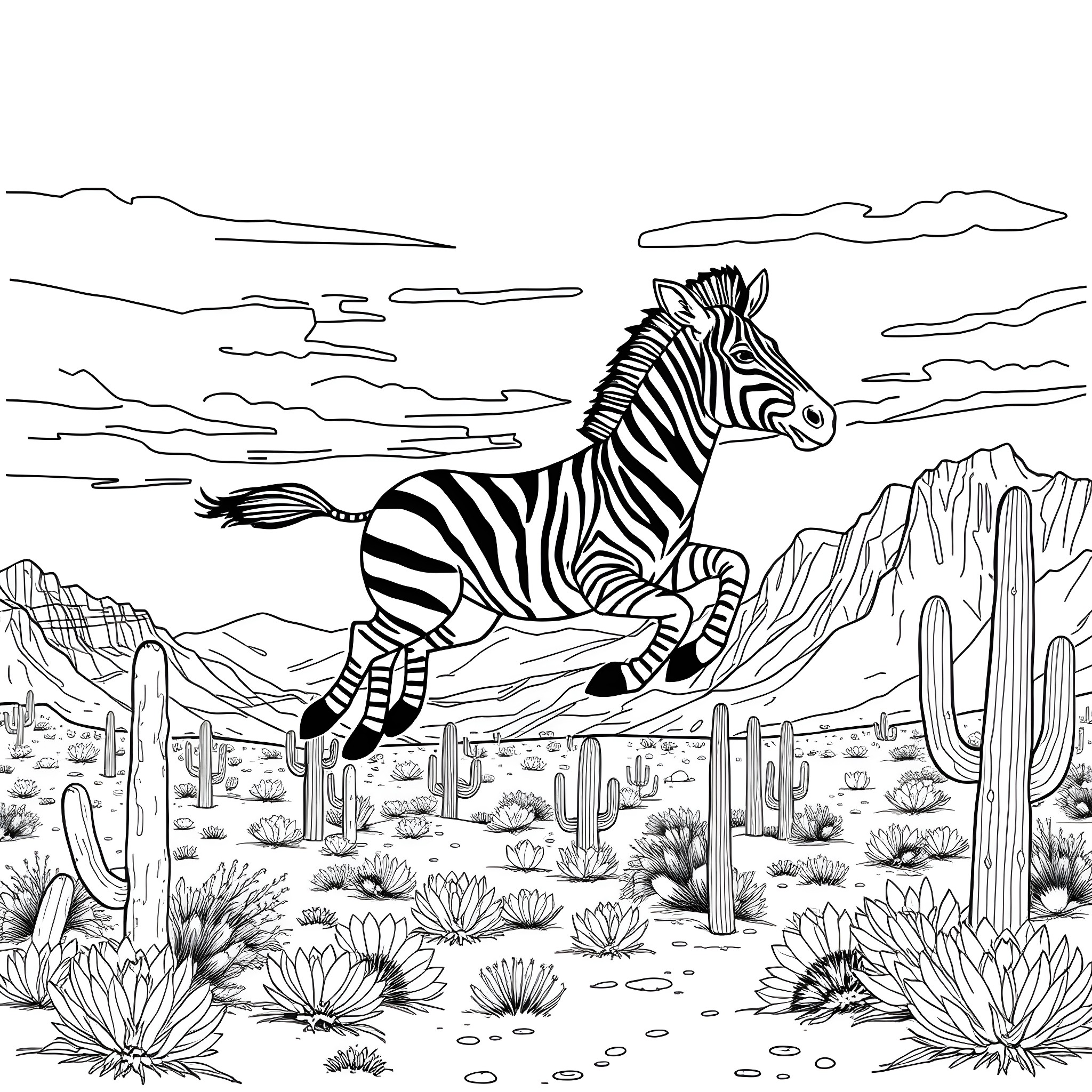 Zebra running through desert landscape Coloring Page (free black-and-white line drawing printable PDF for all, from beginners to advanced learners, including children, teens, adults, and seniors)
