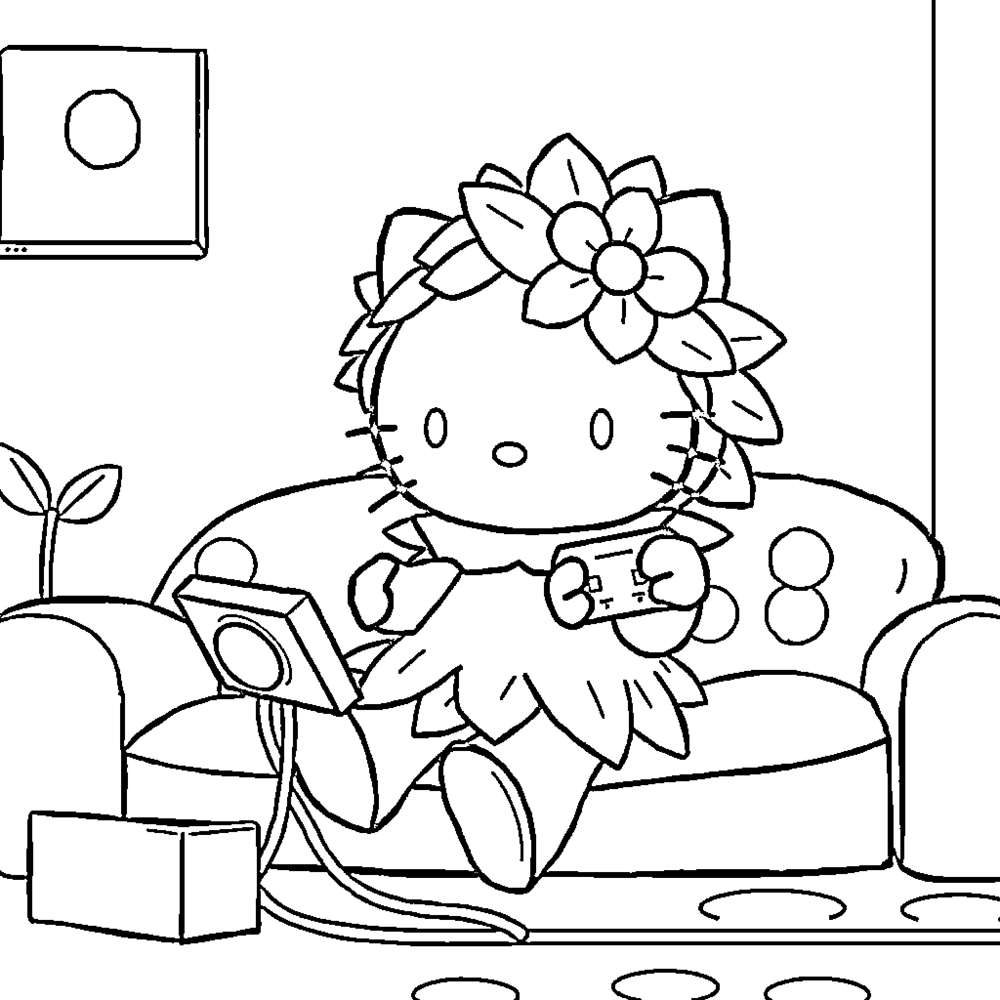Hello Kitty playing video games on the couch Coloring Page (free black-and-white line drawing printable PDF for all, from beginners to advanced learners, including children, teens, adults, and seniors)