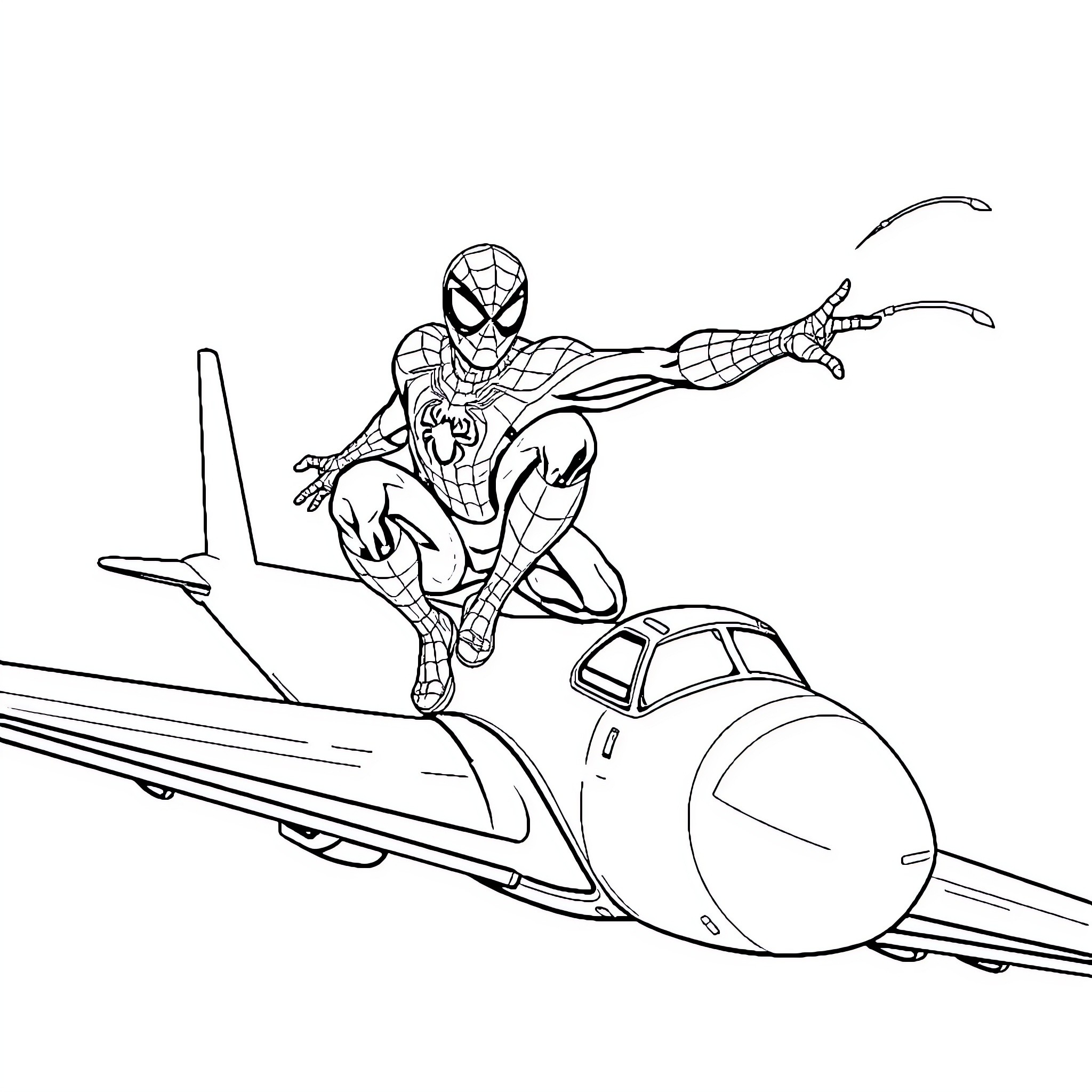 Spiderman swinging on web above speeding train Coloring Page (free black-and-white line drawing printable PDF for all, from beginners to advanced learners, including children, teens, adults, and seniors)