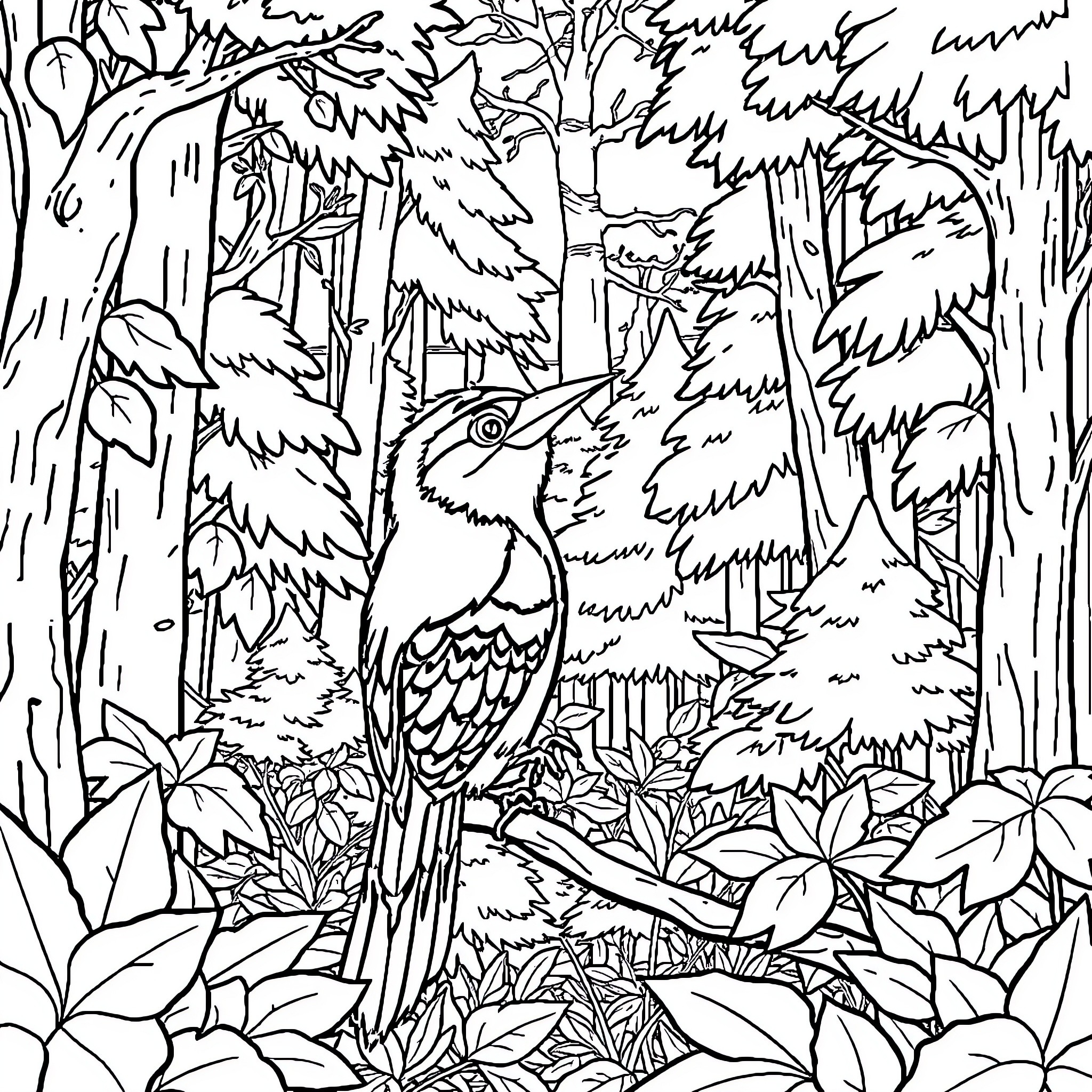 Pat's Enchanted Forest Adventure Coloring Page (free black-and-white line drawing printable PDF for all, from beginners to advanced learners, including children, teens, adults, and seniors)