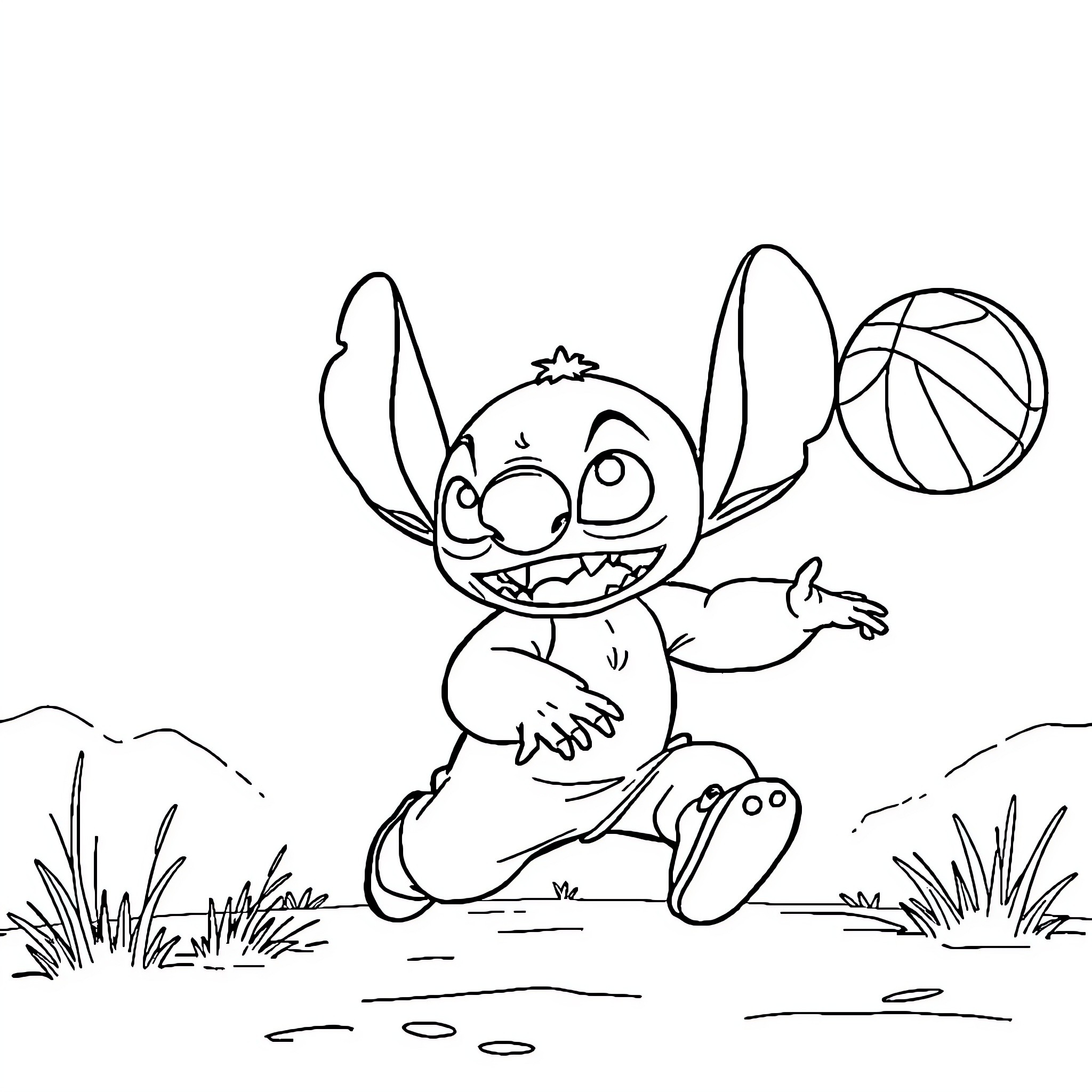 Stitch playing with a basketball in the park Coloring Page (free black-and-white line drawing printable PDF for all, from beginners to advanced learners, including children, teens, adults, and seniors)