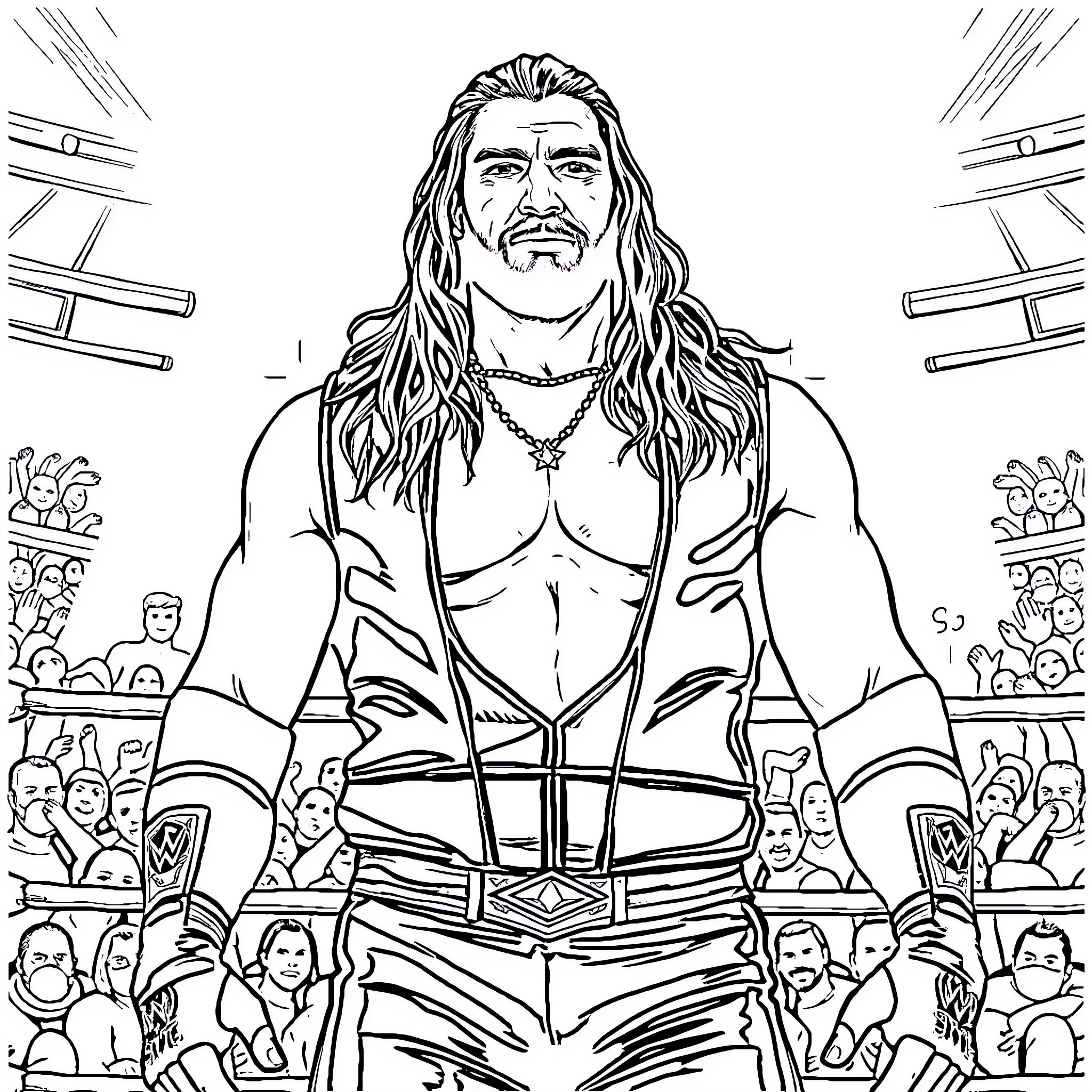 Roman Reigns' Powerful Performance in the Ring Coloring Page (free black-and-white line drawing printable PDF for all, from beginners to advanced learners, including children, teens, adults, and seniors)
