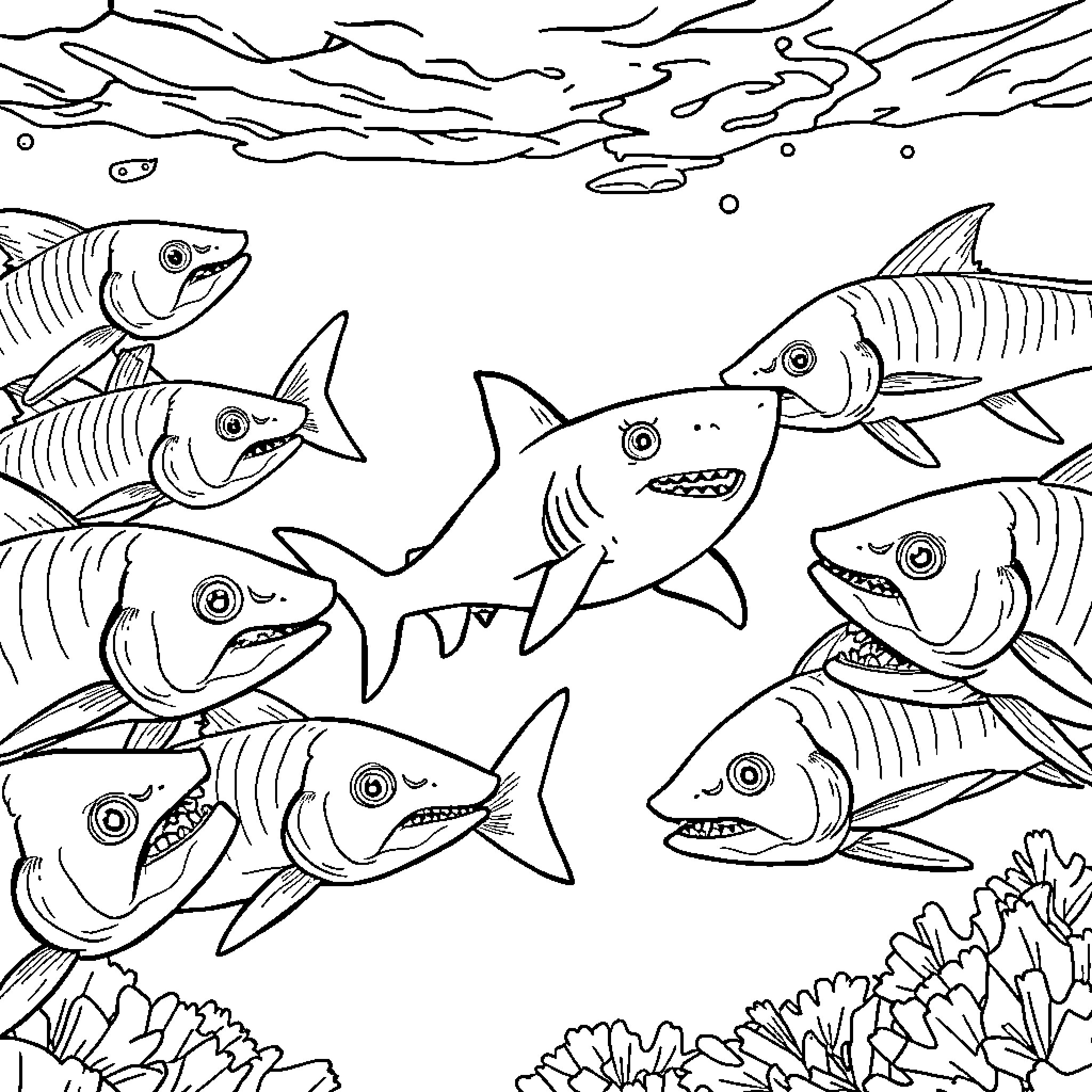 Shark gathering in the ocean Coloring Page (free black-and-white line drawing printable PDF for all, from beginners to advanced learners, including children, teens, adults, and seniors)