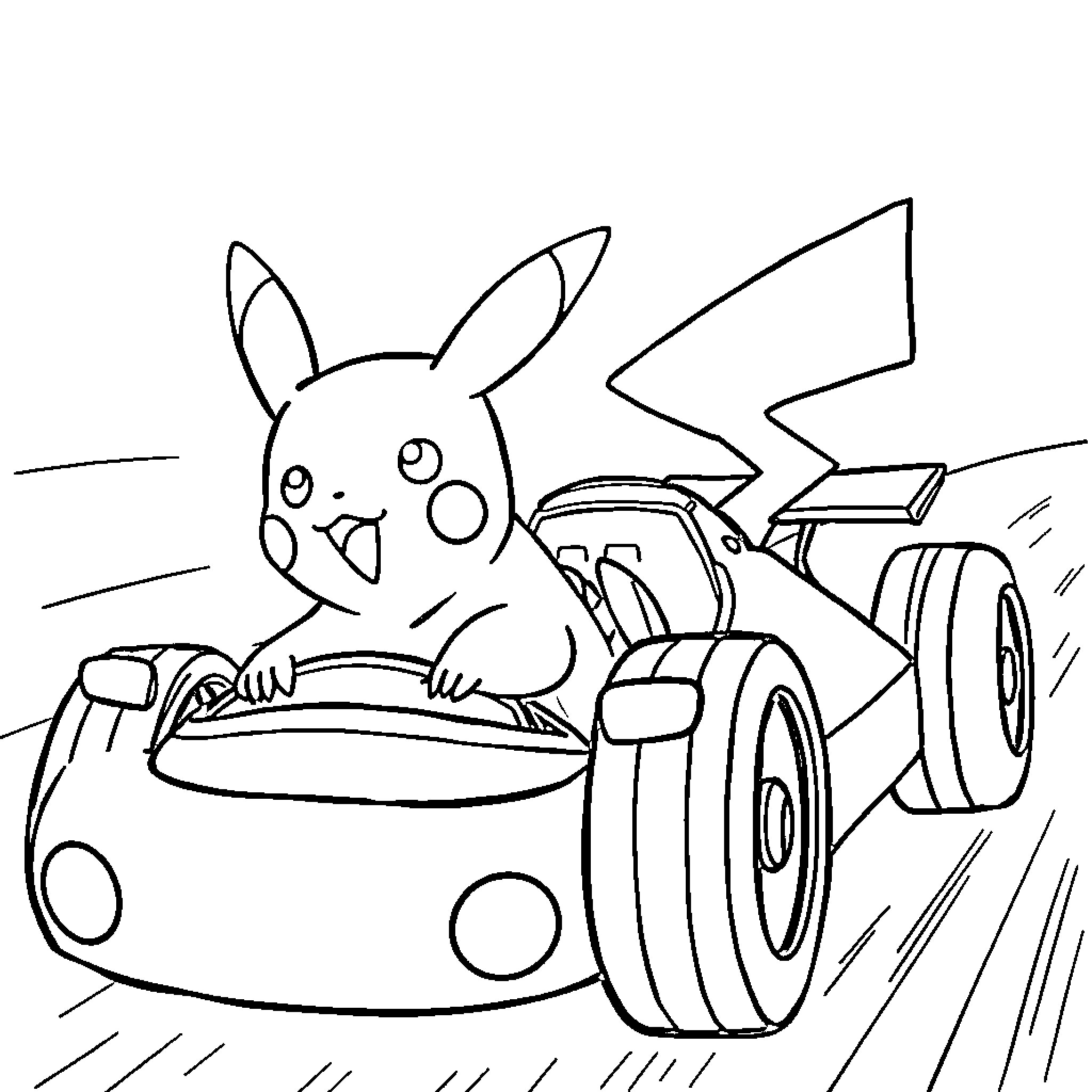 Pikachu driving a race car excitedly Coloring Page (free black-and-white line drawing printable PDF for all, from beginners to advanced learners, including children, teens, adults, and seniors)