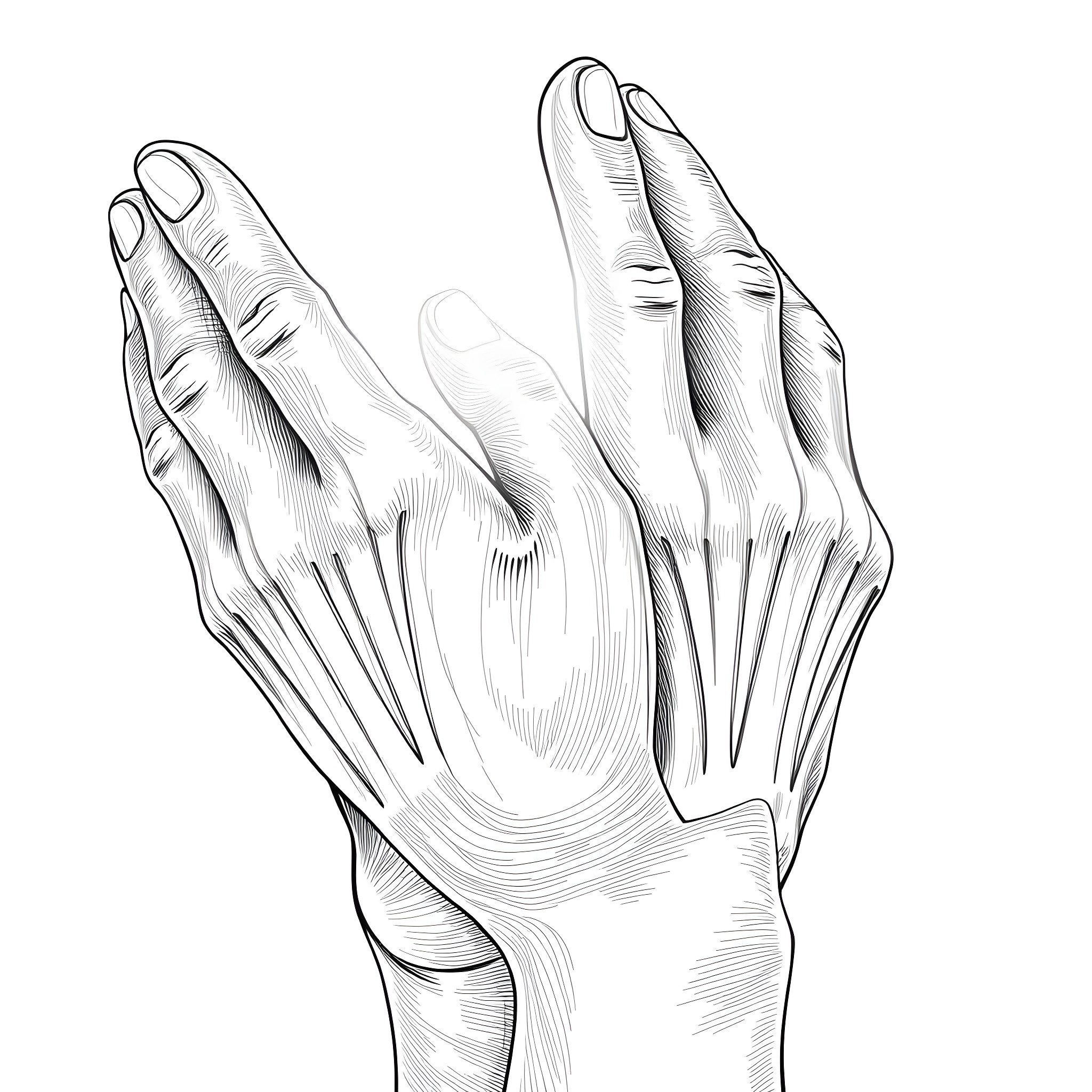 Praying Hands in Detailed Line Art Coloring Page (free black-and-white line drawing printable PDF for all, from beginners to advanced learners, including children, teens, adults, and seniors)