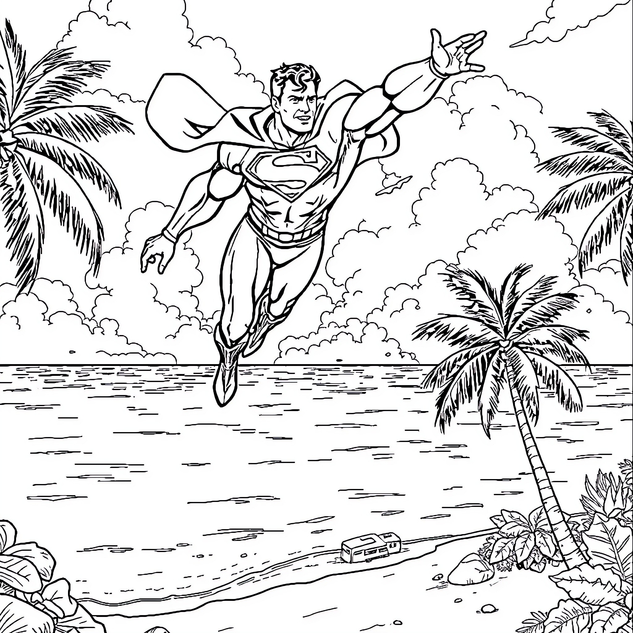 Superman flying over tropical beach scene Coloring Page (free black-and-white line drawing printable PDF for all, from beginners to advanced learners, including children, teens, adults, and seniors)
