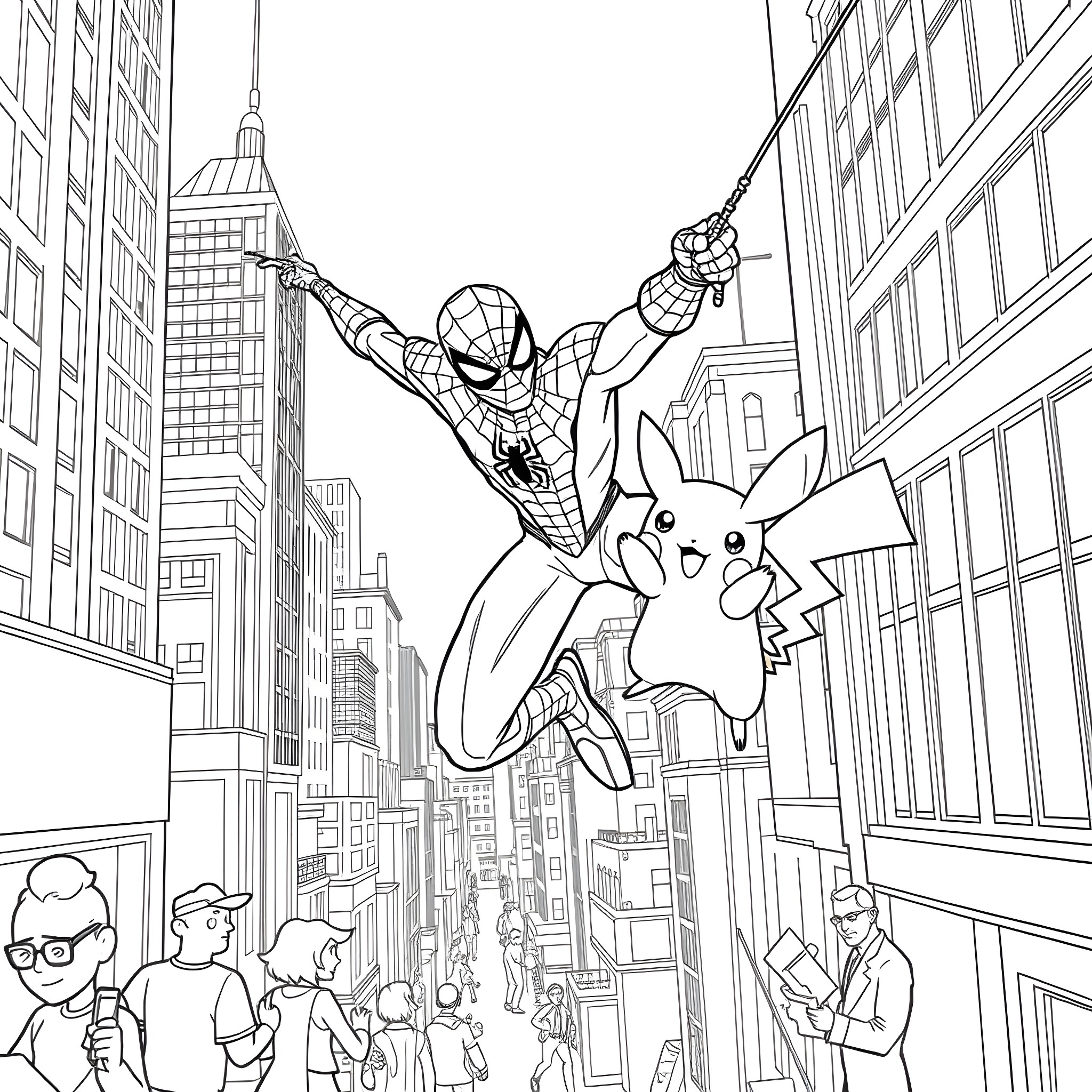 Spiderman swinging through the city with Pikachu Coloring Page (free black-and-white line drawing printable PDF for all, from beginners to advanced learners, including children, teens, adults, and seniors)
