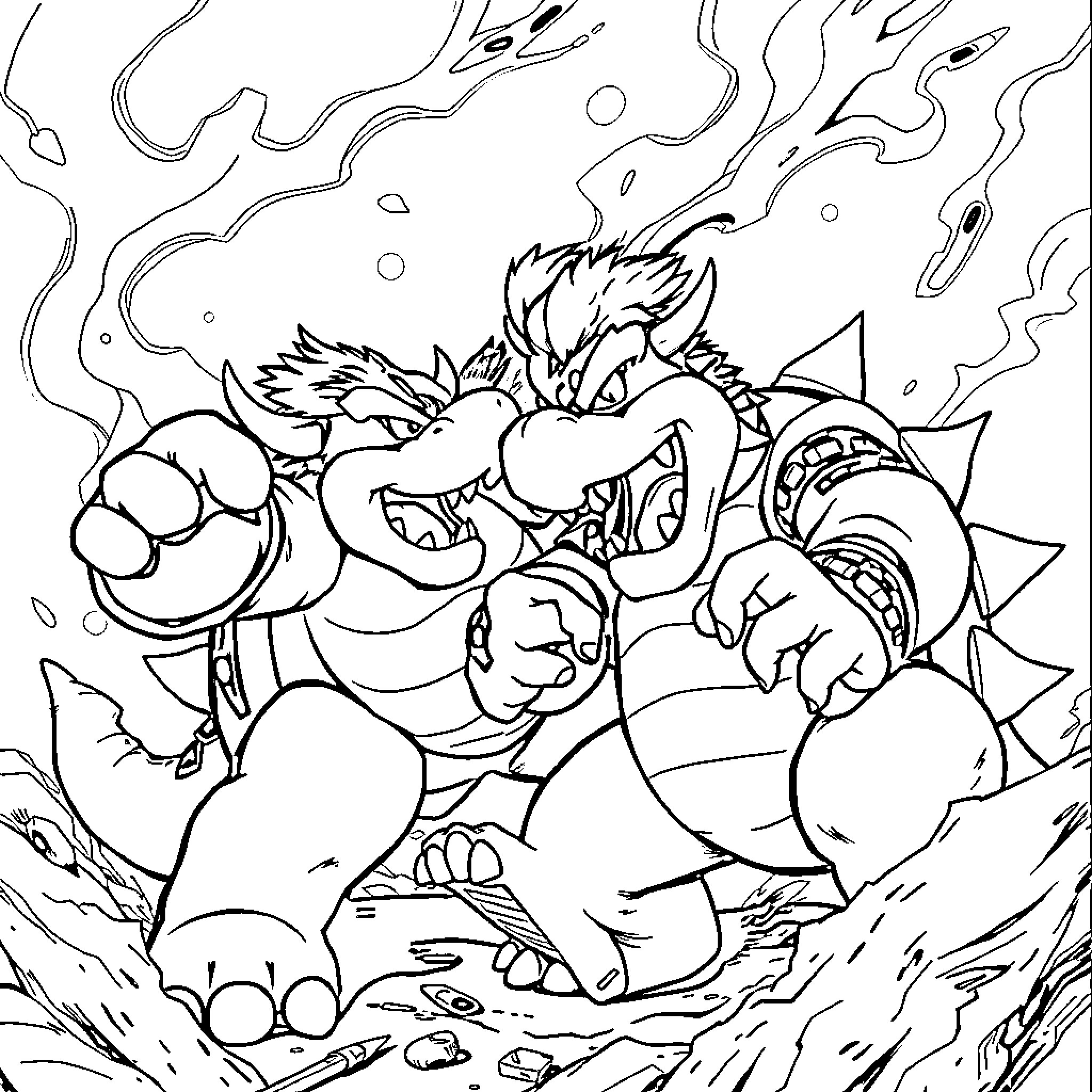 Bowser's Fierce and Menacing Appearance Coloring Page (free black-and-white line drawing printable PDF for all, from beginners to advanced learners, including children, teens, adults, and seniors)