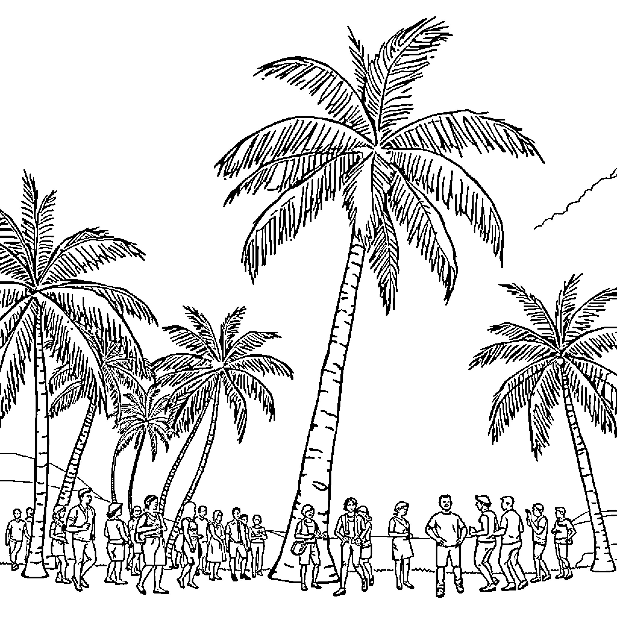 Palm Tree Scenic with Tropical Beachgoers Coloring Page (free black-and-white line drawing printable PDF for all, from beginners to advanced learners, including children, teens, adults, and seniors)