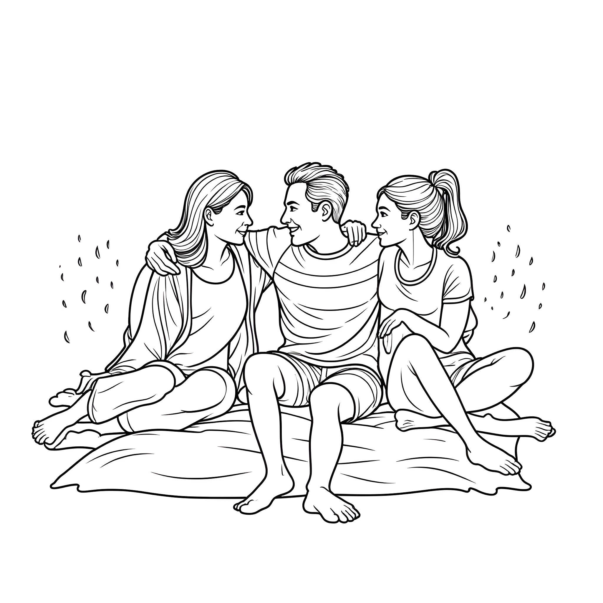 Woman shares a moment with friends on the beach Coloring Page (free black-and-white line drawing printable PDF for all, from beginners to advanced learners, including children, teens, adults, and seniors)