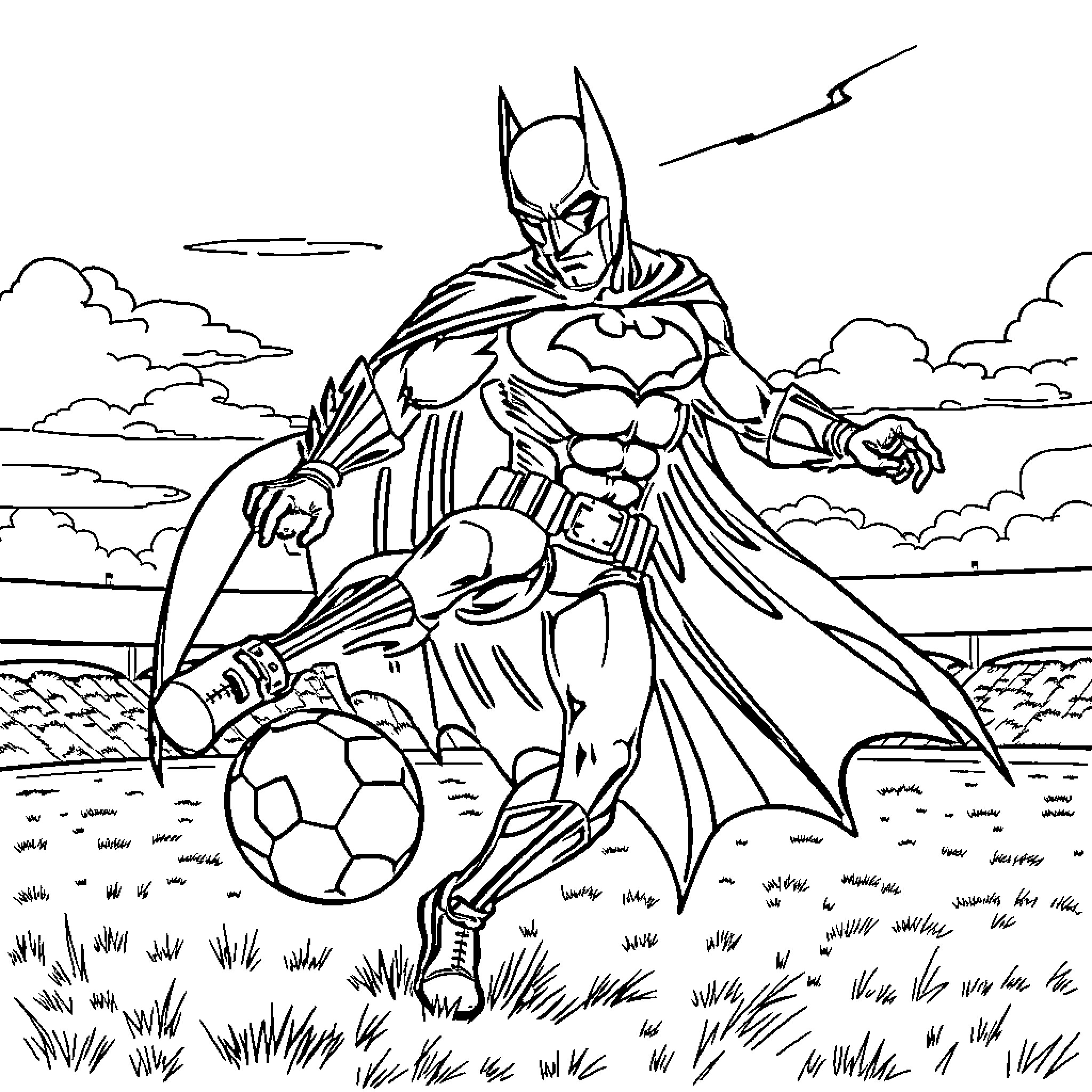 Batman playing with a soccer ball in a field Coloring Page (free black-and-white line drawing printable PDF for all, from beginners to advanced learners, including children, teens, adults, and seniors)