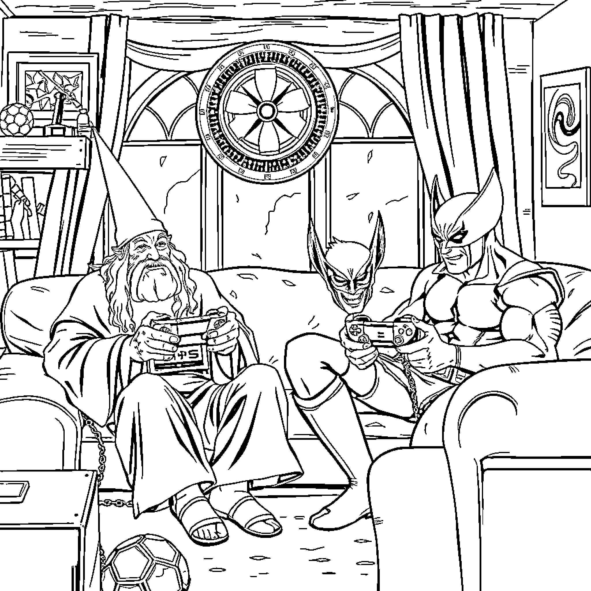 Gandalf and Batman relaxing in a cozy room Coloring Page (free black-and-white line drawing printable PDF for all, from beginners to advanced learners, including children, teens, adults, and seniors)