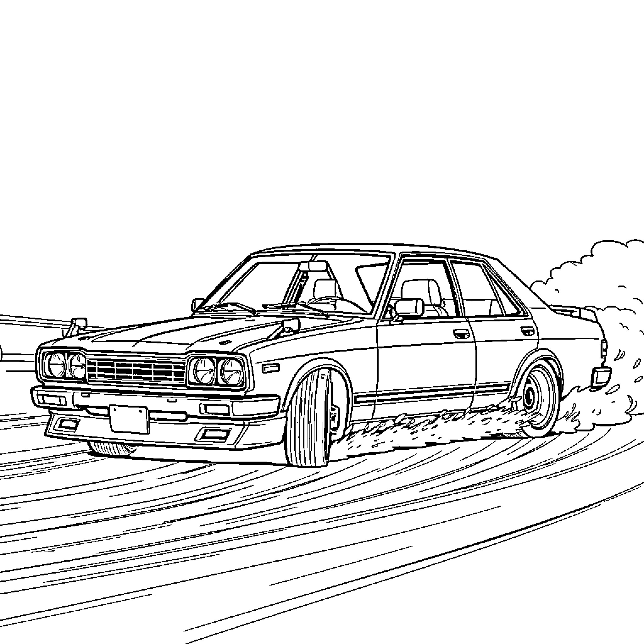 Nissan racing through the curves on the road Coloring Page (free black-and-white line drawing printable PDF for all, from beginners to advanced learners, including children, teens, adults, and seniors)