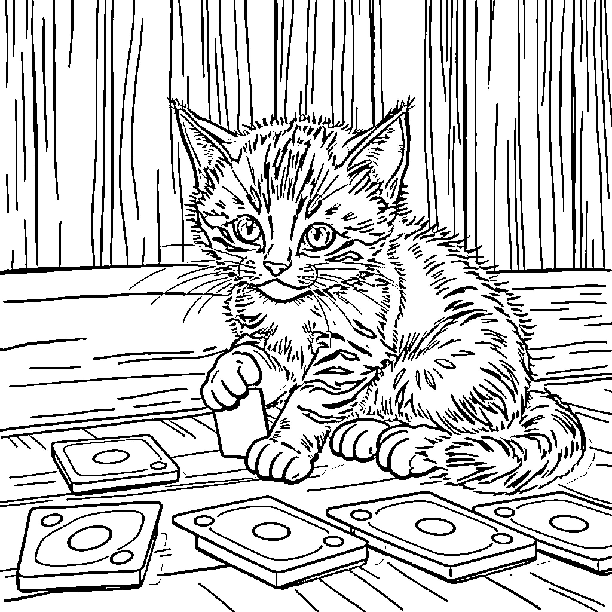 Kitten playing with shapes on the floor Coloring Page (free black-and-white line drawing printable PDF for all, from beginners to advanced learners, including children, teens, adults, and seniors)