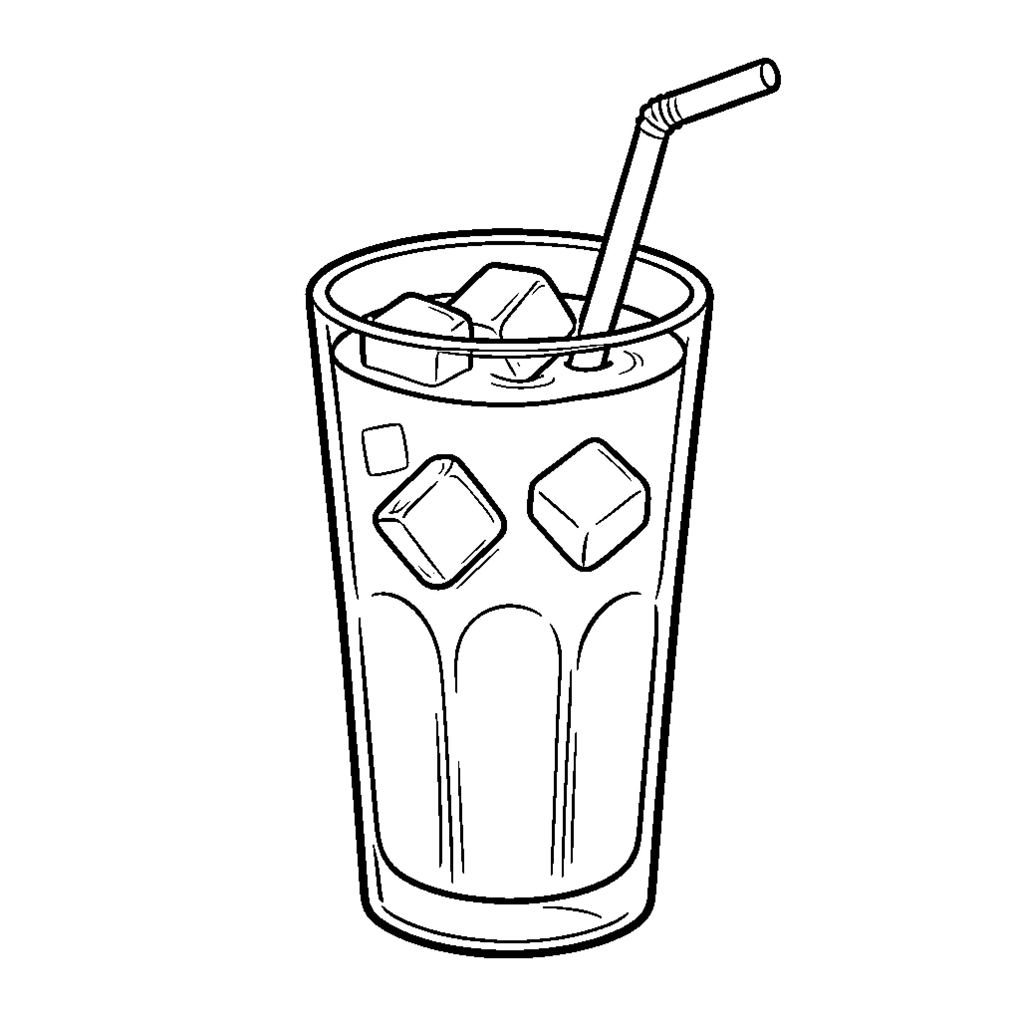 Iced Coffee served in a glass with a straw Coloring Page (free black-and-white line drawing printable PDF for all, from beginners to advanced learners, including children, teens, adults, and seniors)