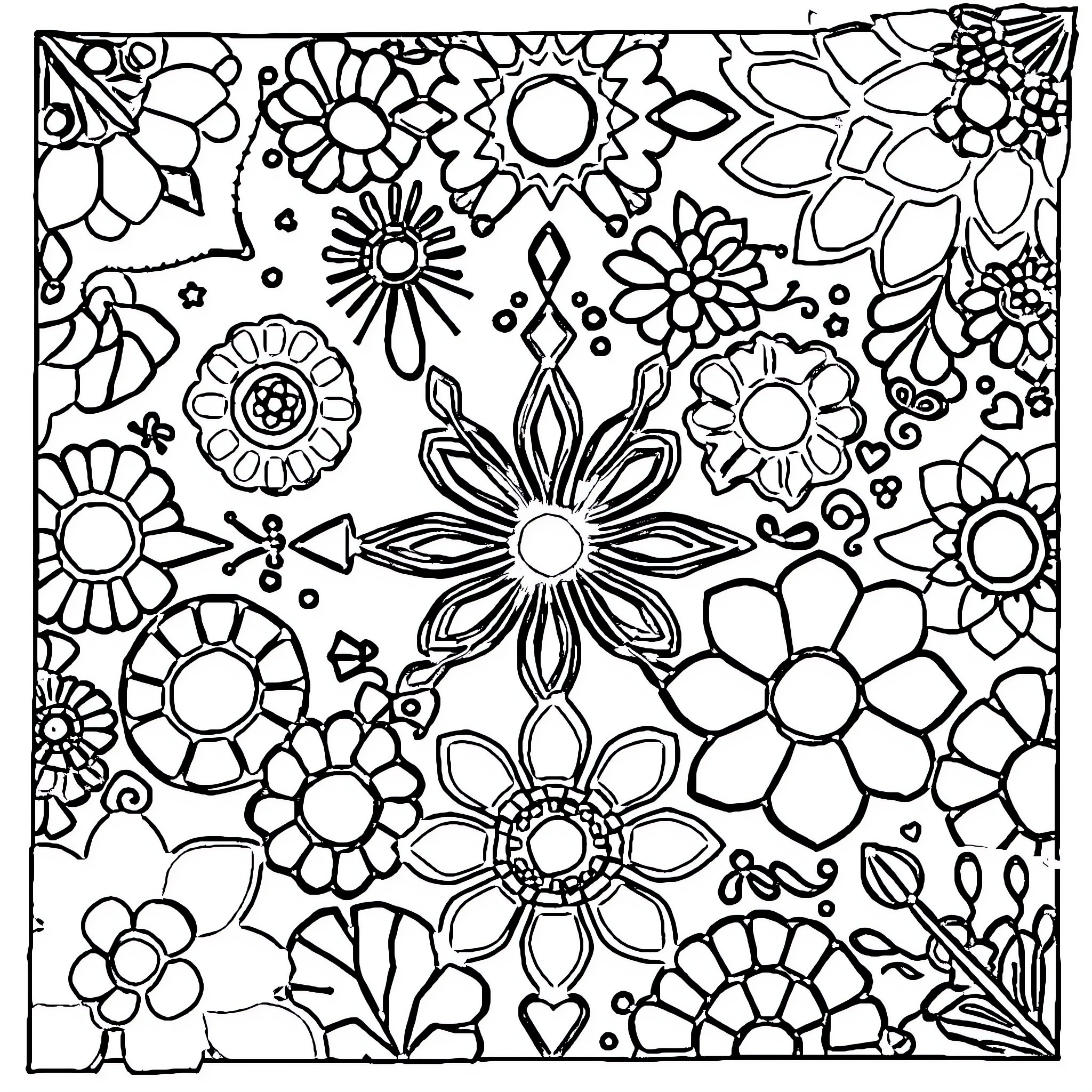 Pattern of Vibrant Floral Designs Coloring Page (free black-and-white line drawing printable PDF for all, from beginners to advanced learners, including children, teens, adults, and seniors)