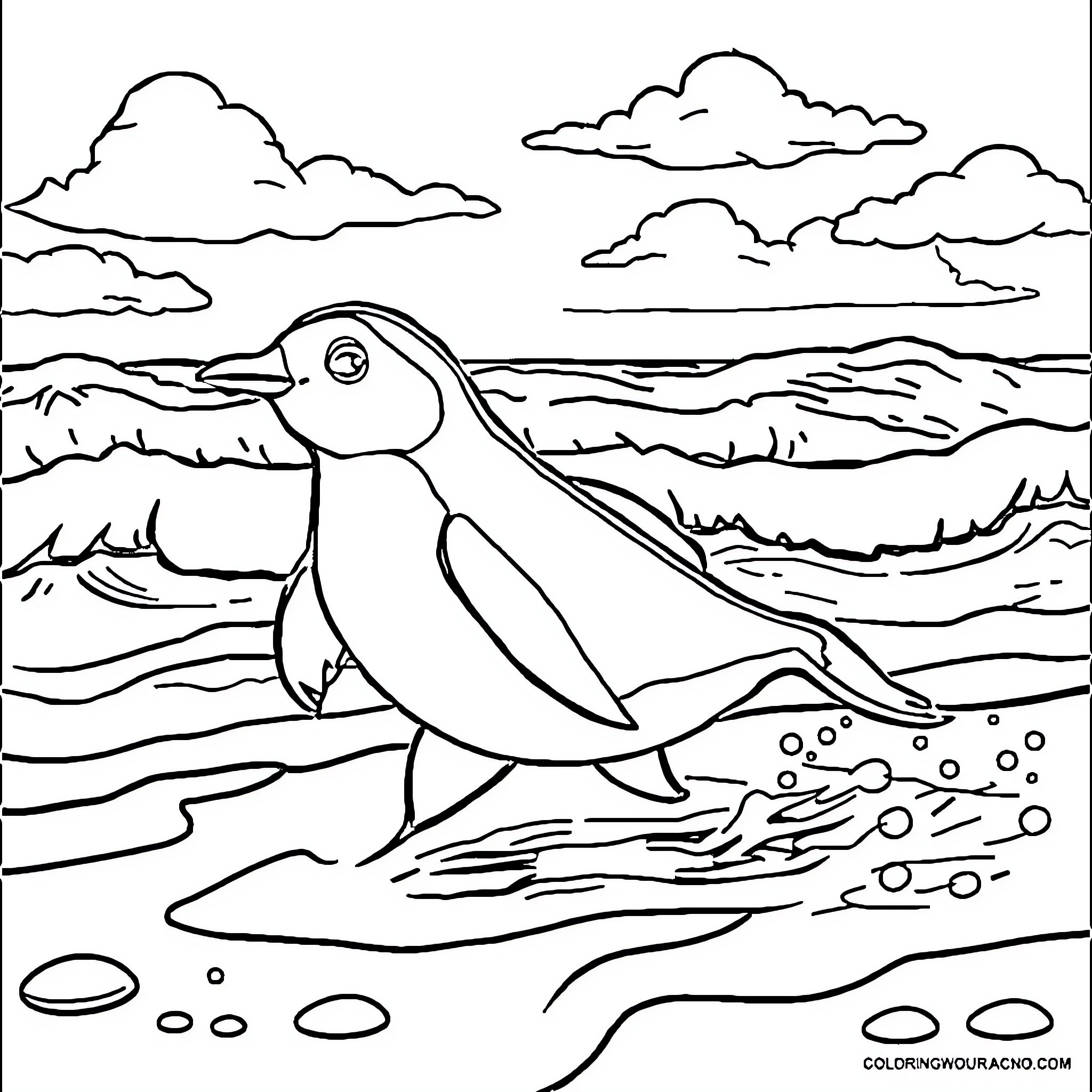 Epagneul puppies playing by the seaside Coloring Page (free black-and-white line drawing printable PDF for all, from beginners to advanced learners, including children, teens, adults, and seniors)