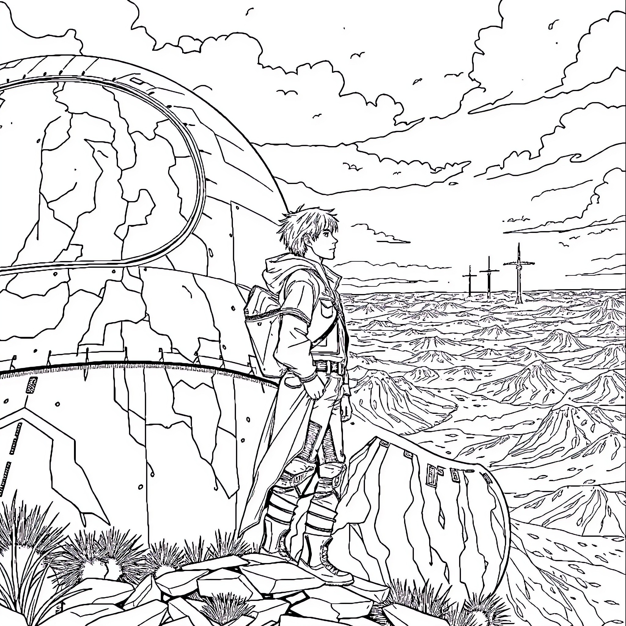 Eren Yeager surveying the ocean horizon Coloring Page (free black-and-white line drawing printable PDF for all, from beginners to advanced learners, including children, teens, adults, and seniors)