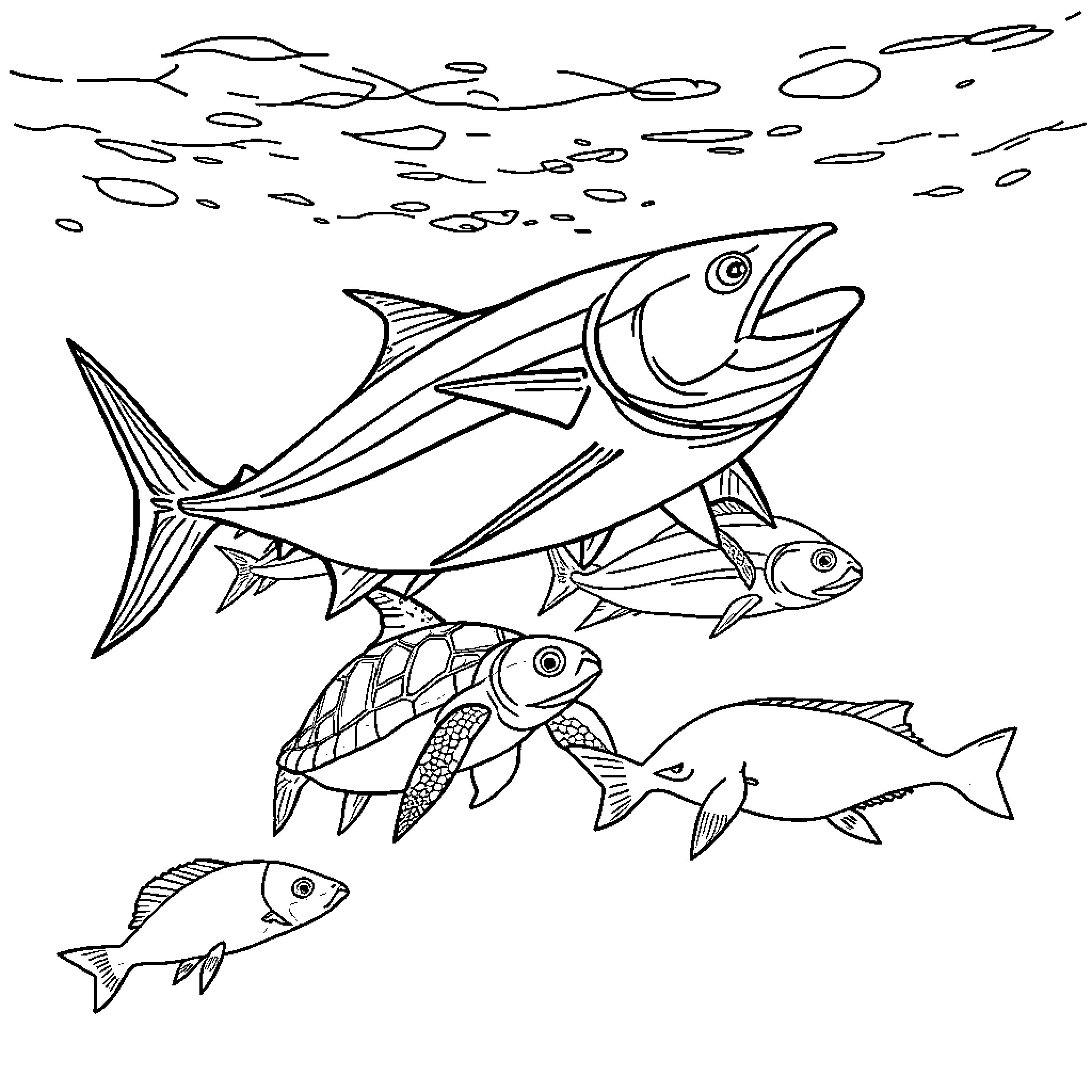Tuna school swimming in the ocean Coloring Page (free black-and-white line drawing printable PDF for all, from beginners to advanced learners, including children, teens, adults, and seniors)