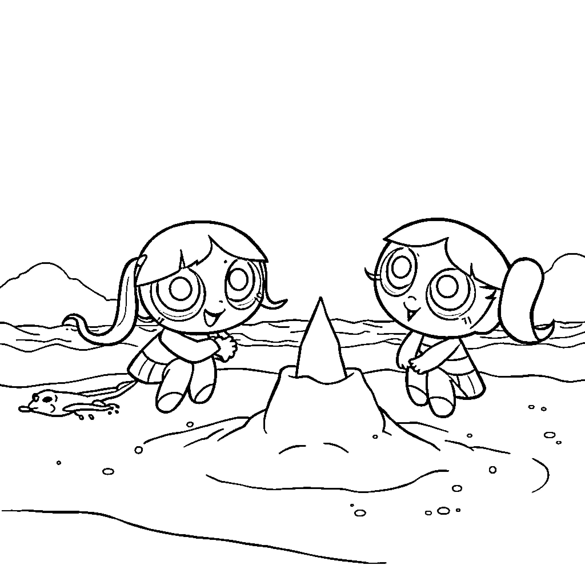 Powerpuff Girls playing at the beach Coloring Page (free black-and-white line drawing printable PDF for all, from beginners to advanced learners, including children, teens, adults, and seniors)
