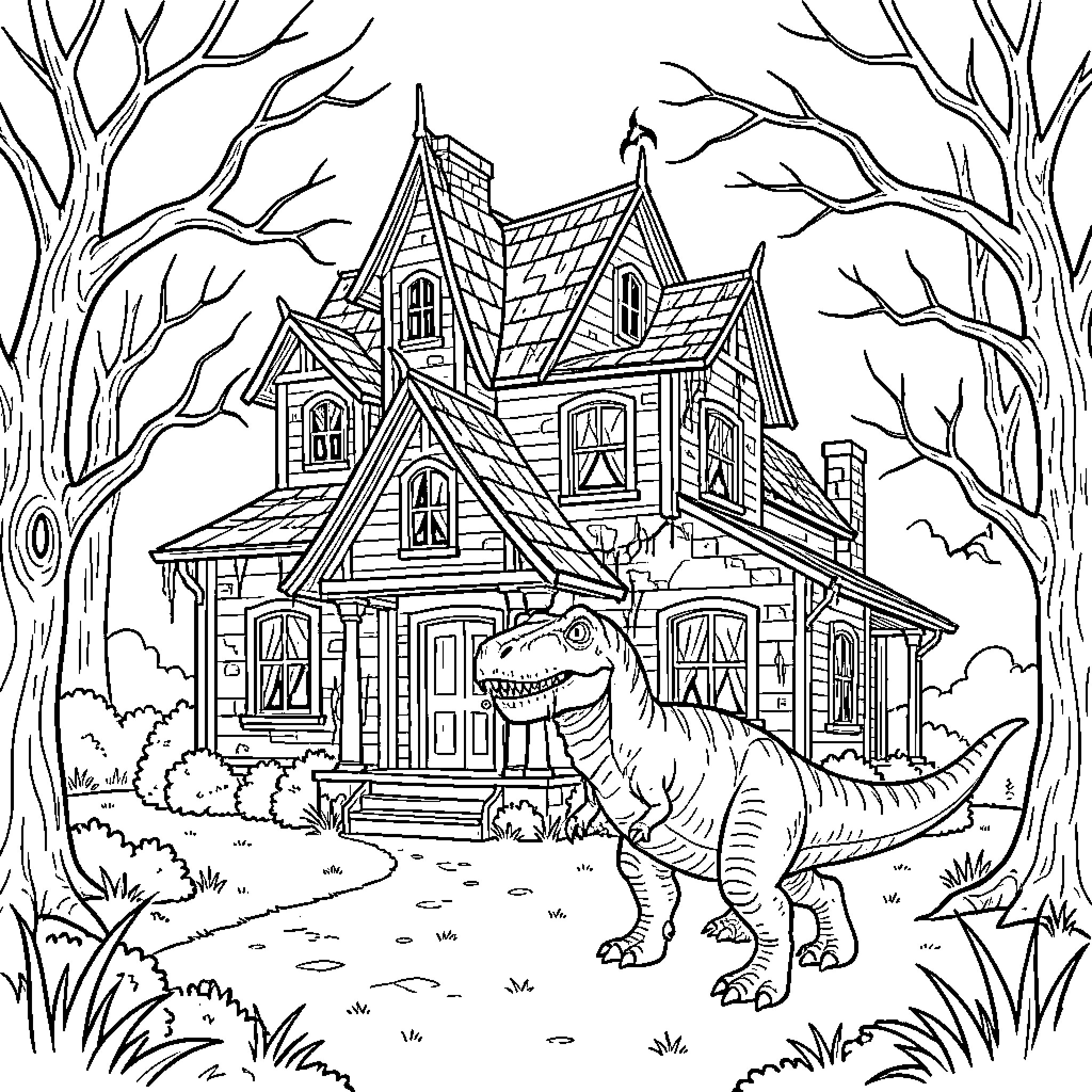 Maison with a dinosaur standing in front of it Coloring Page (free black-and-white line drawing printable PDF for all, from beginners to advanced learners, including children, teens, adults, and seniors)
